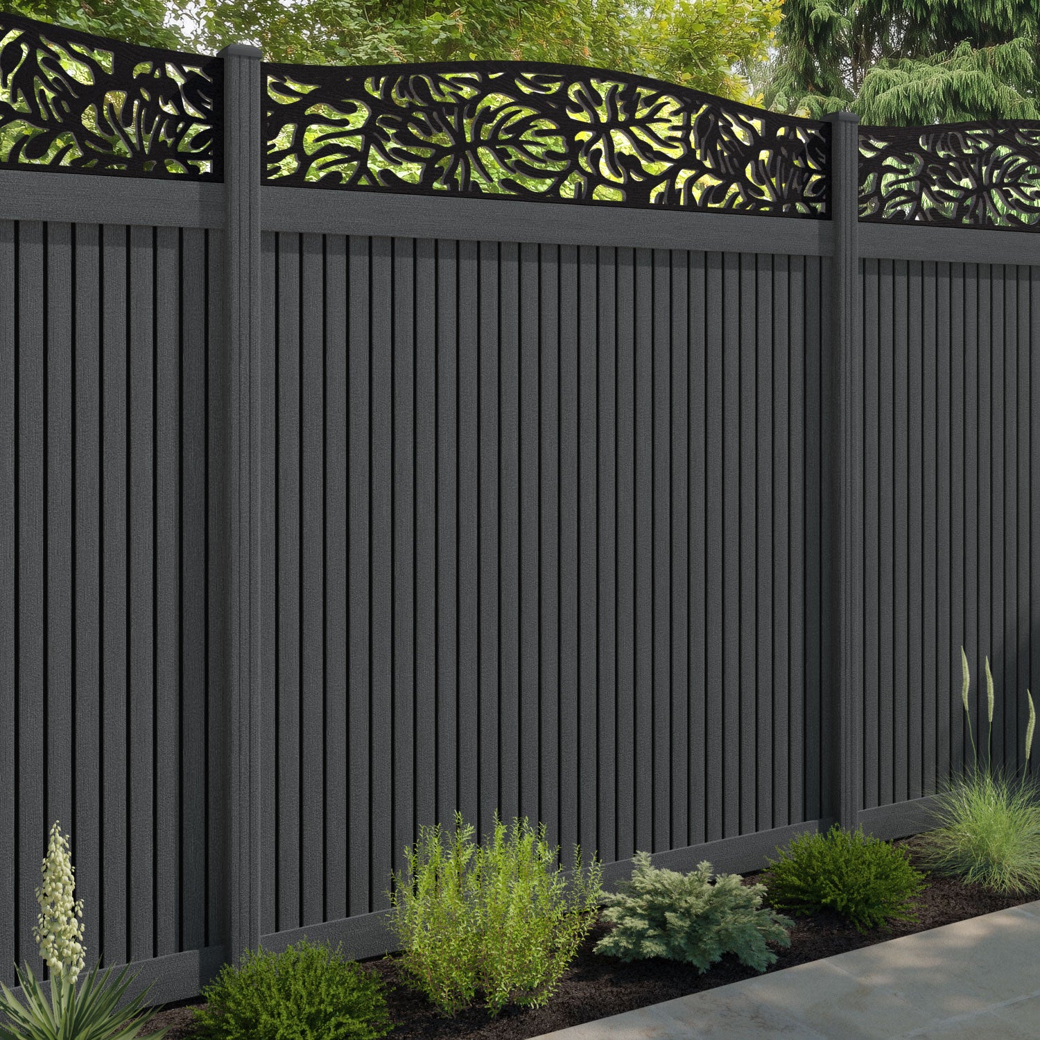 Virtis Botanic Curved Top Fence Panel - Dark Grey - with our composite posts