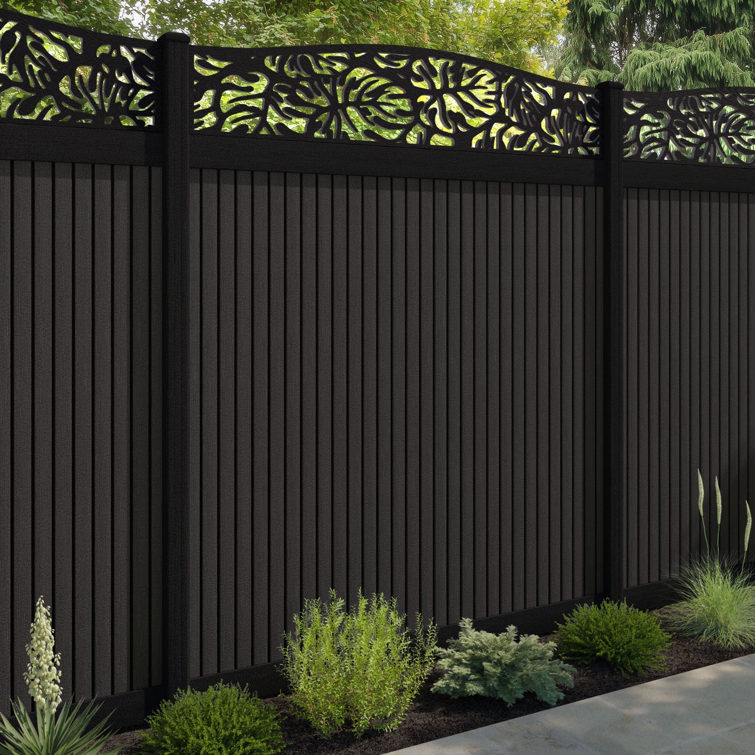Virtis Botanic Curved Top Fence Panel - Dark Oak - with our composite posts