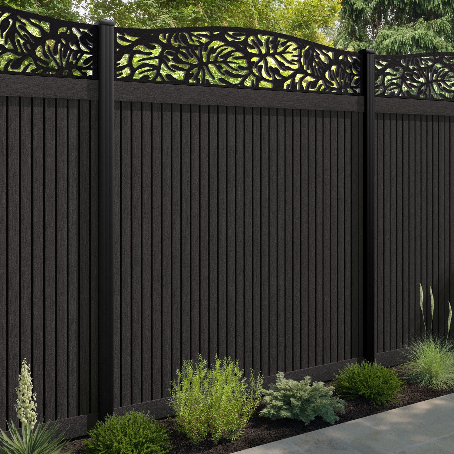 Virtis Botanic Curved Top Fence Panel - Dark Oak - with our composite posts