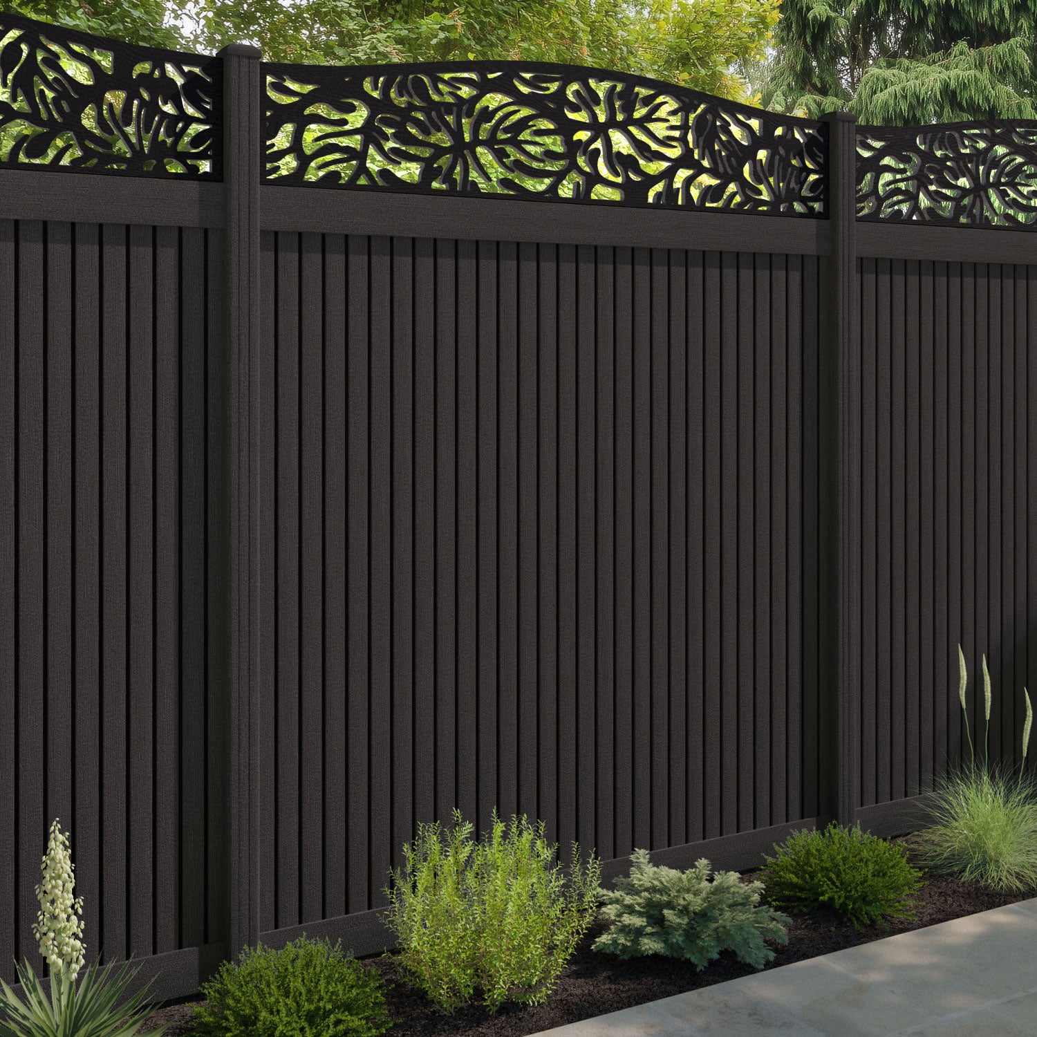 Virtis Botanic Curved Top Fence Panel - Dark Oak - with our composite posts