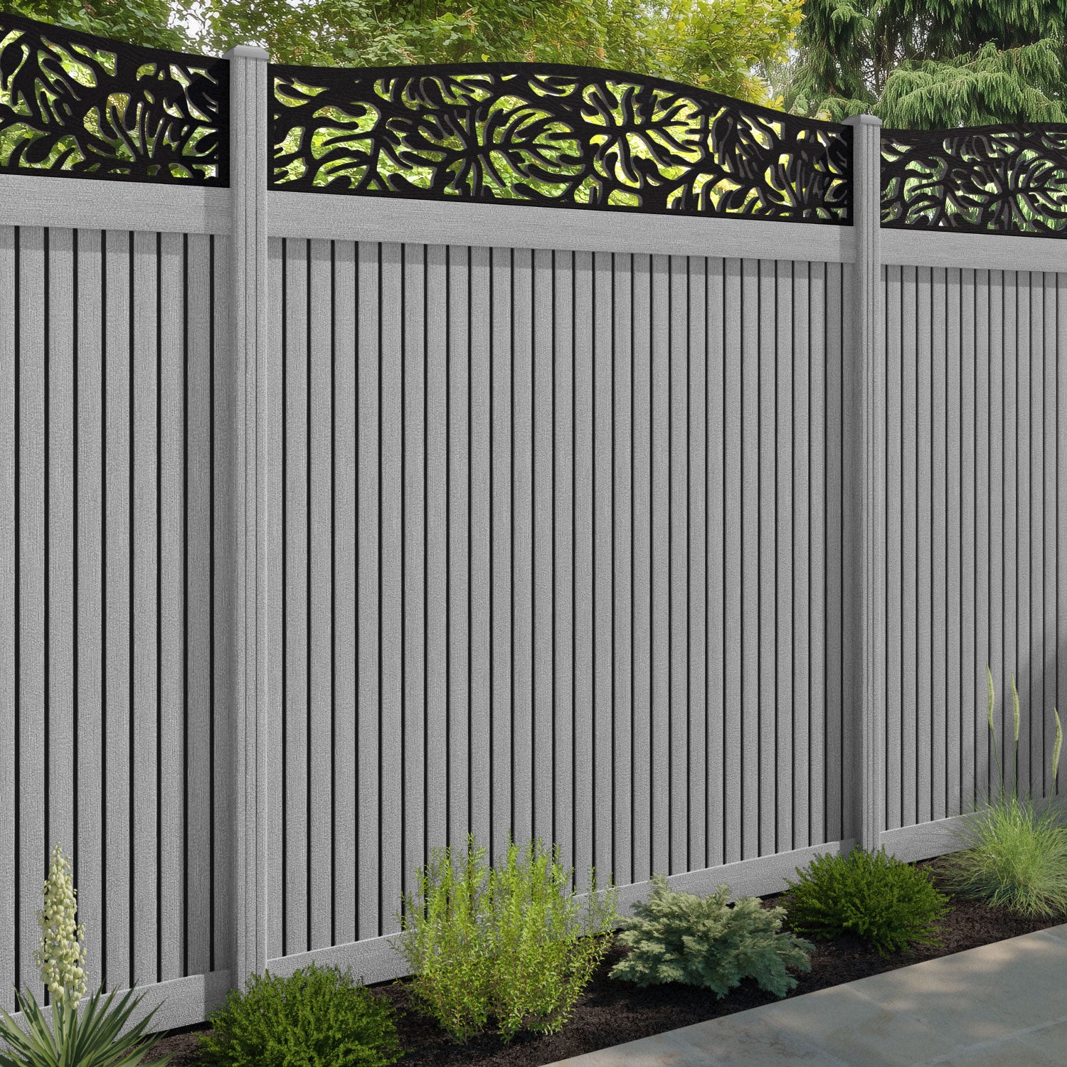 Virtis Botanic Curved Top Fence Panel - Light Grey - with our composite posts