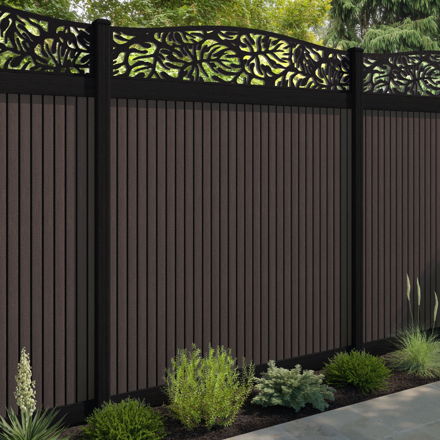 Virtis Botanic Curved Top Fence Panel - Mid Brown - with our composite posts