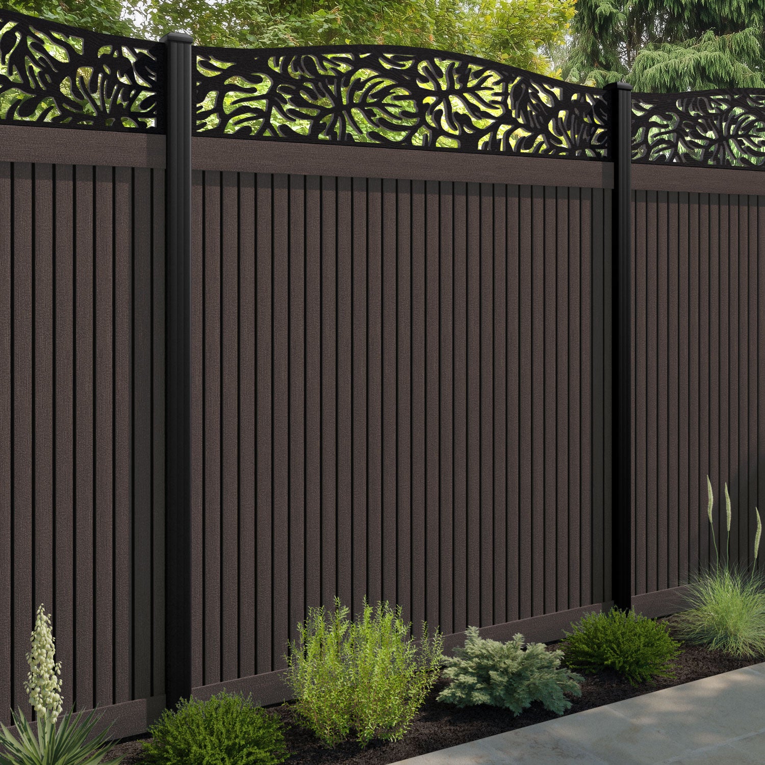Virtis Botanic Curved Top Fence Panel - Mid Brown - with our composite posts