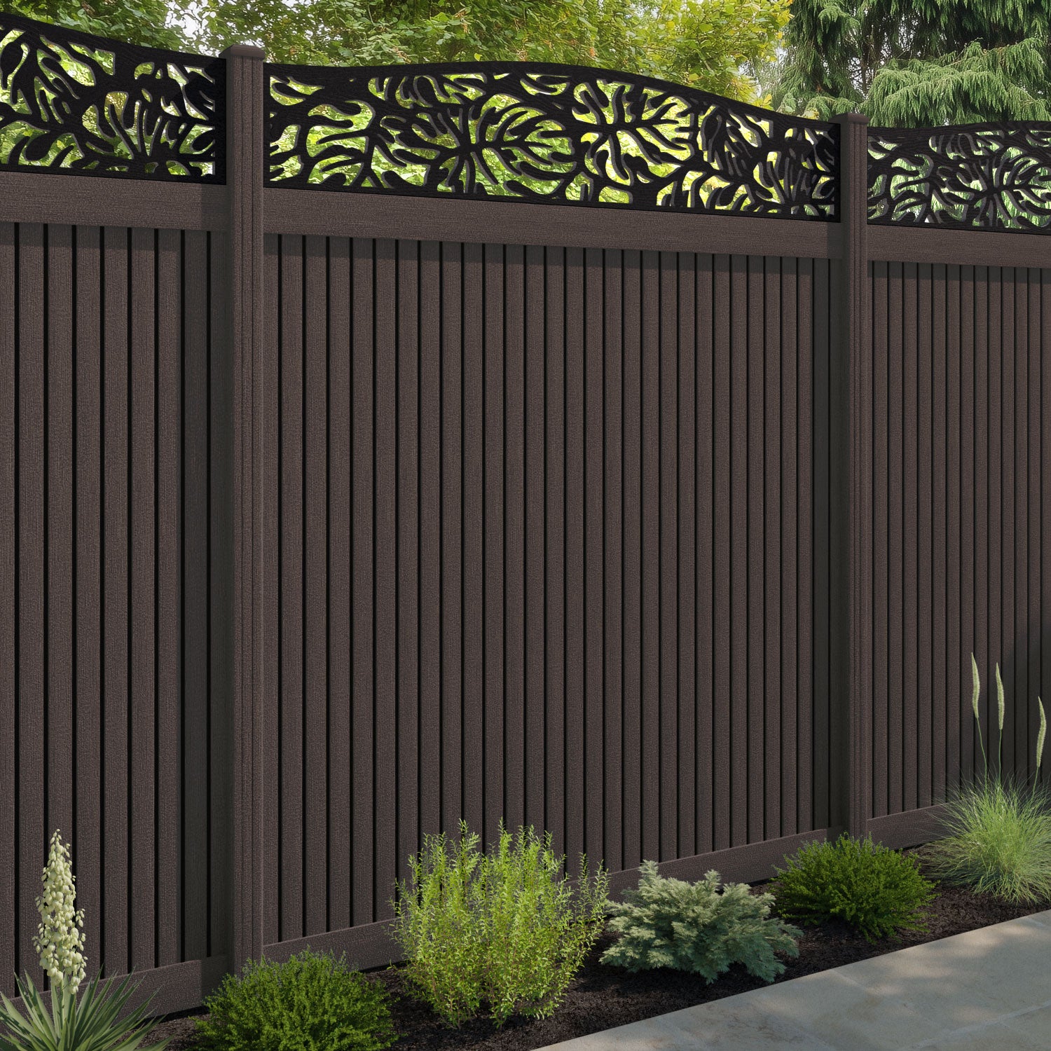 Virtis Botanic Curved Top Fence Panel - Mid Brown - with our composite posts