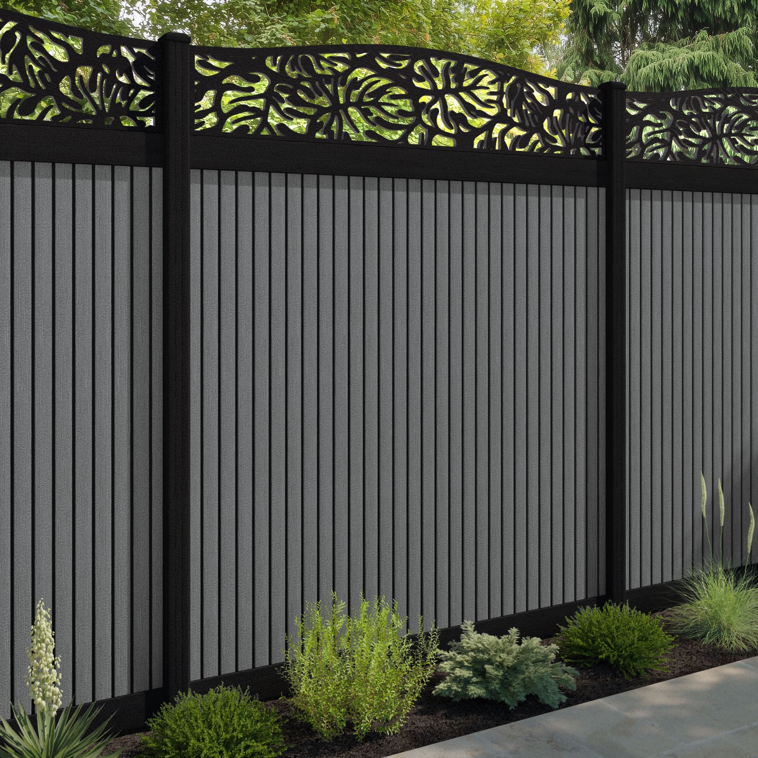 Virtis Botanic Curved Top Fence Panel - Mid Grey - with our composite posts