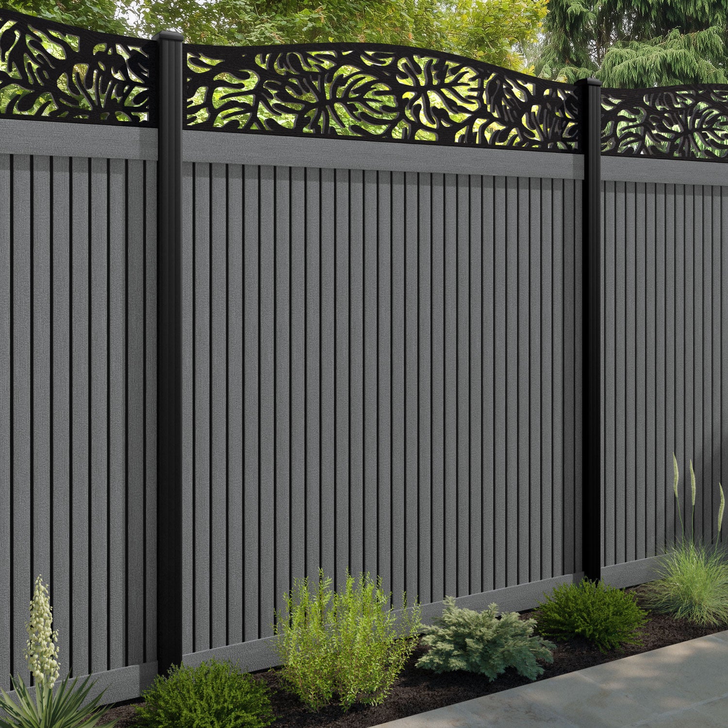 Virtis Botanic Curved Top Fence Panel - Mid Grey - with our composite posts