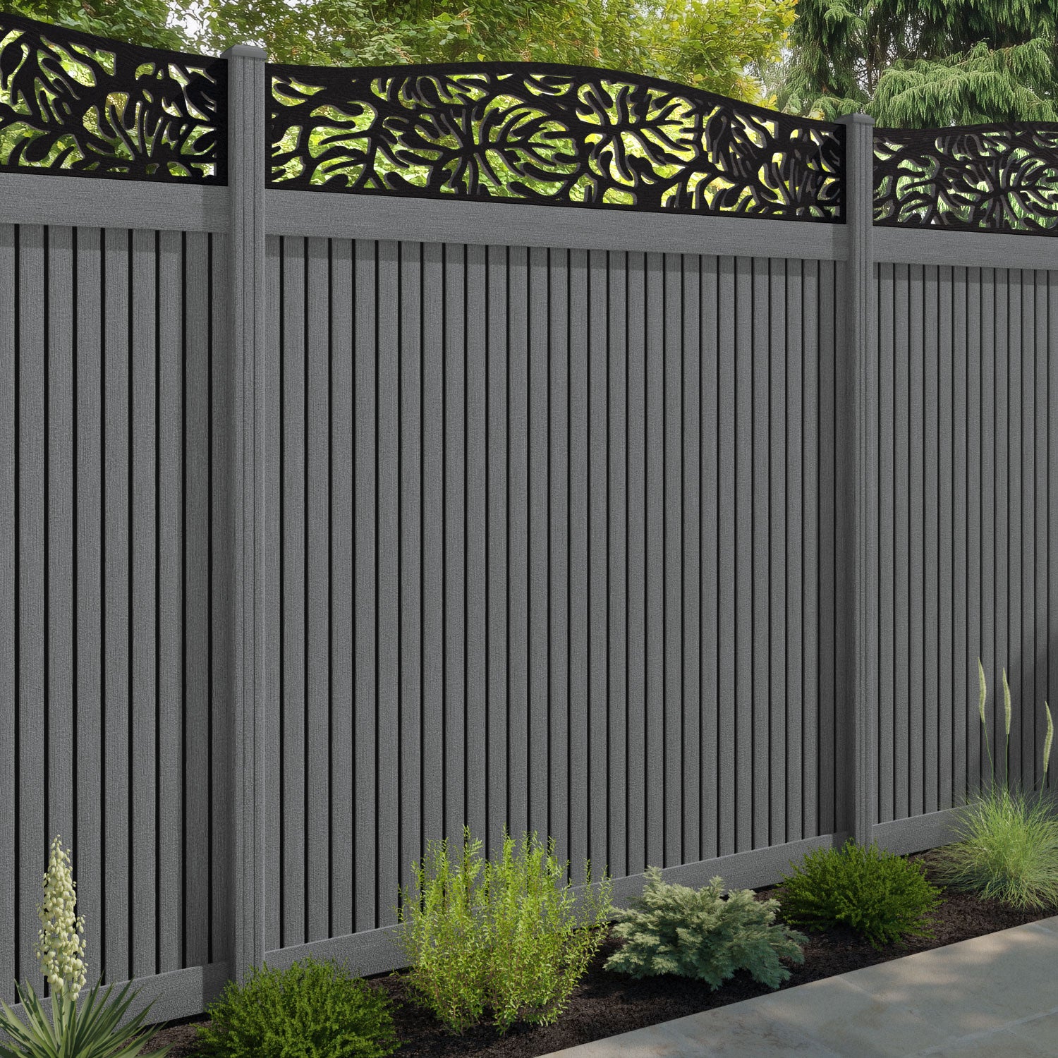Virtis Botanic Curved Top Fence Panel - Mid Grey - with our composite posts
