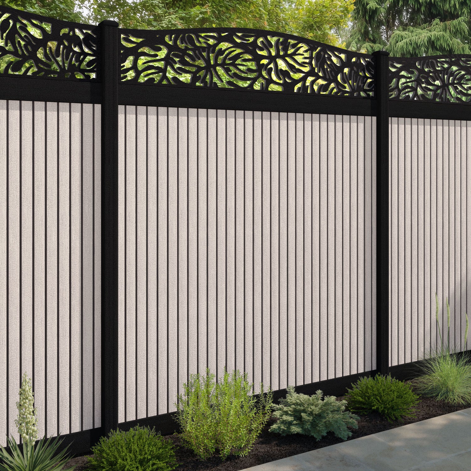 Virtis Botanic Curved Top Fence Panel - Mid Stone - with our aluminium posts