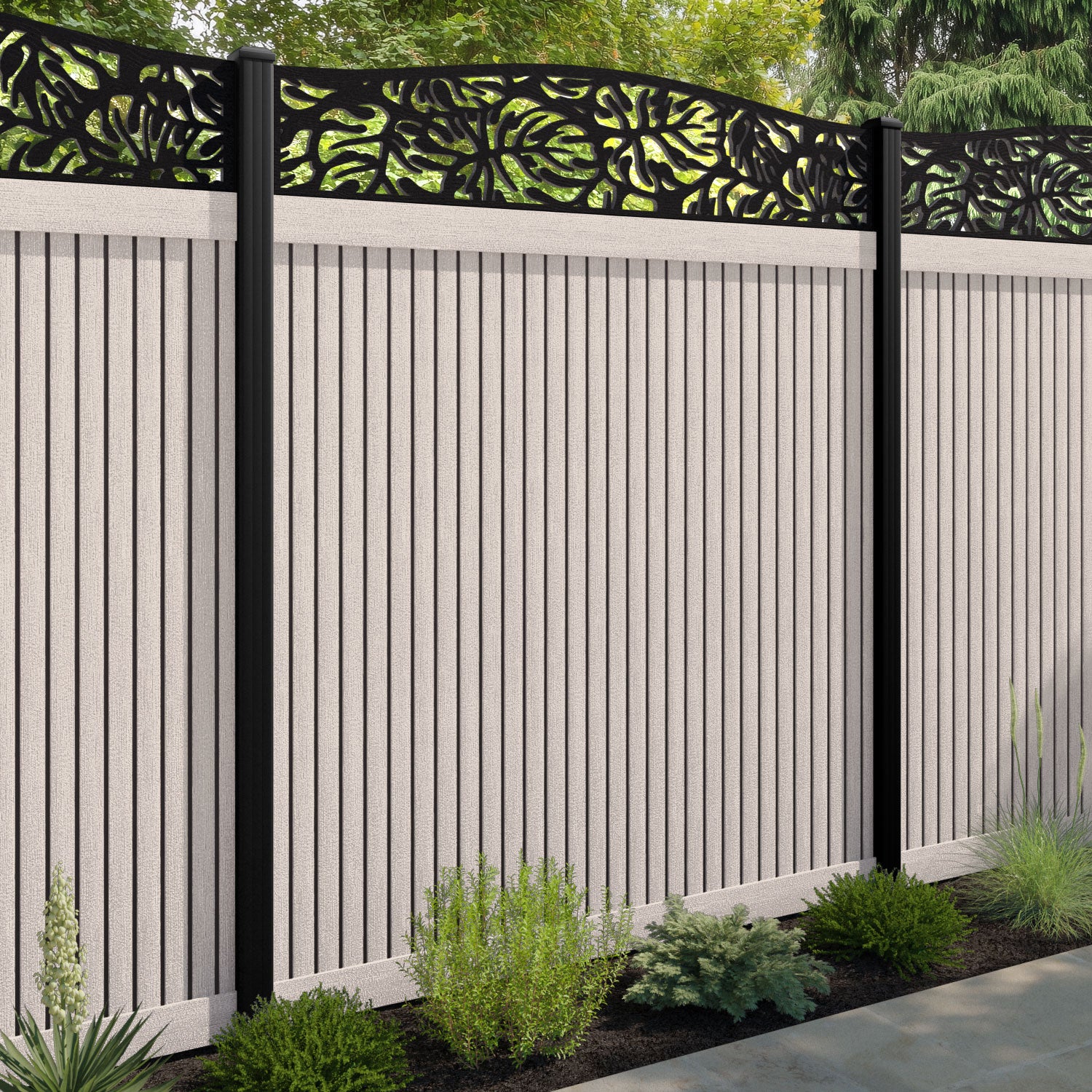 Virtis Botanic Curved Top Fence Panel - Mid Stone - with our aluminium posts
