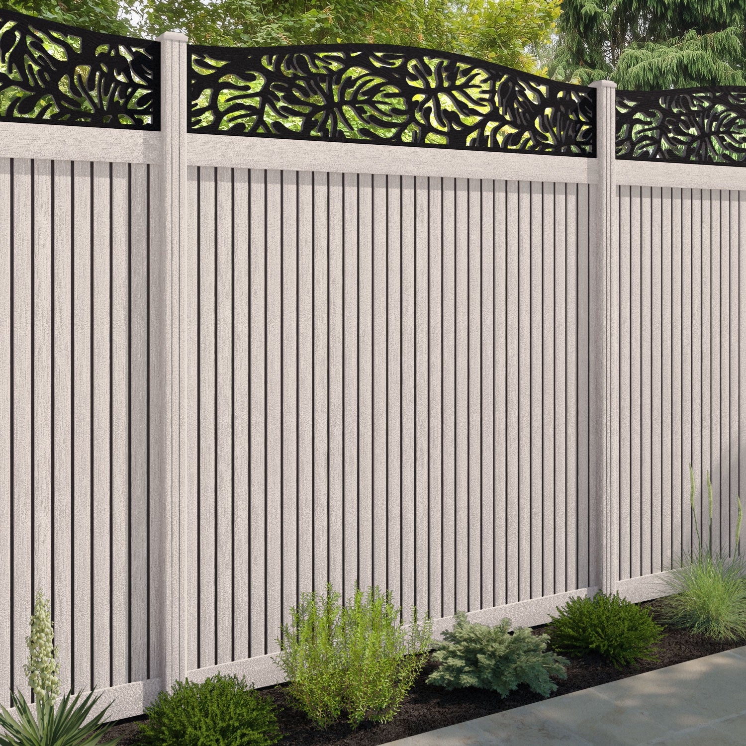 Virtis Botanic Curved Top Fence Panel - Mid Stone - with our composite posts