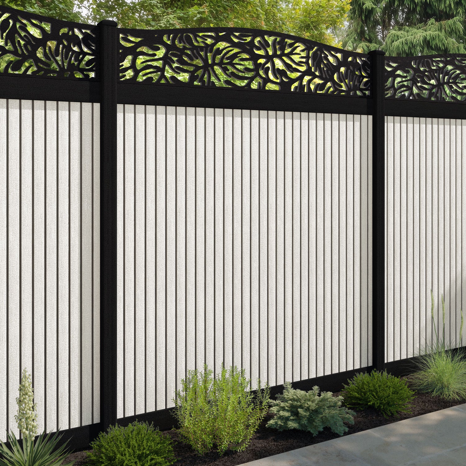 Virtis Botanic Curved Top Fence Panel - Light Stone - with our aluminium posts