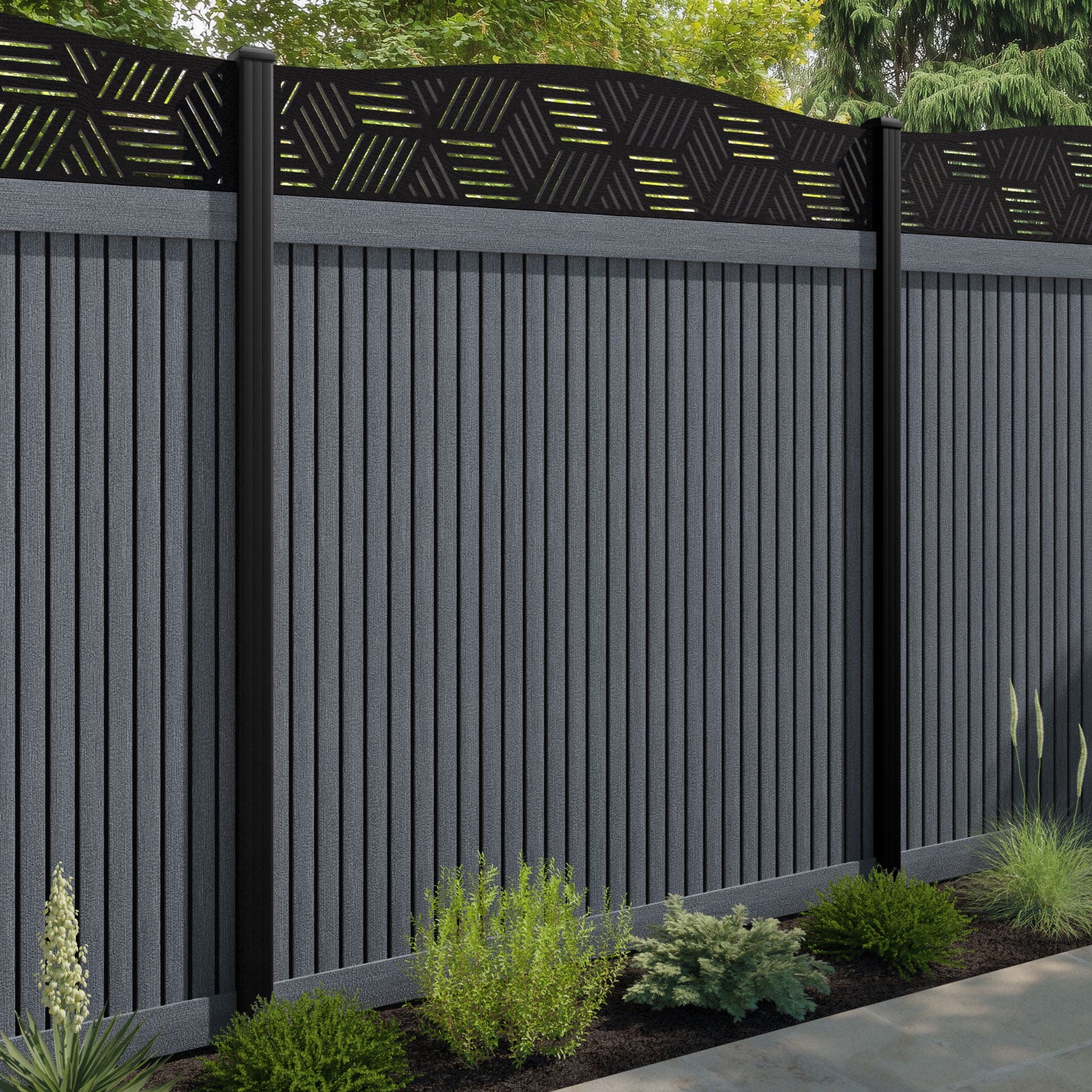 Virtis Cubed Curved Top Fence Panel - Anthracite - with our composite posts