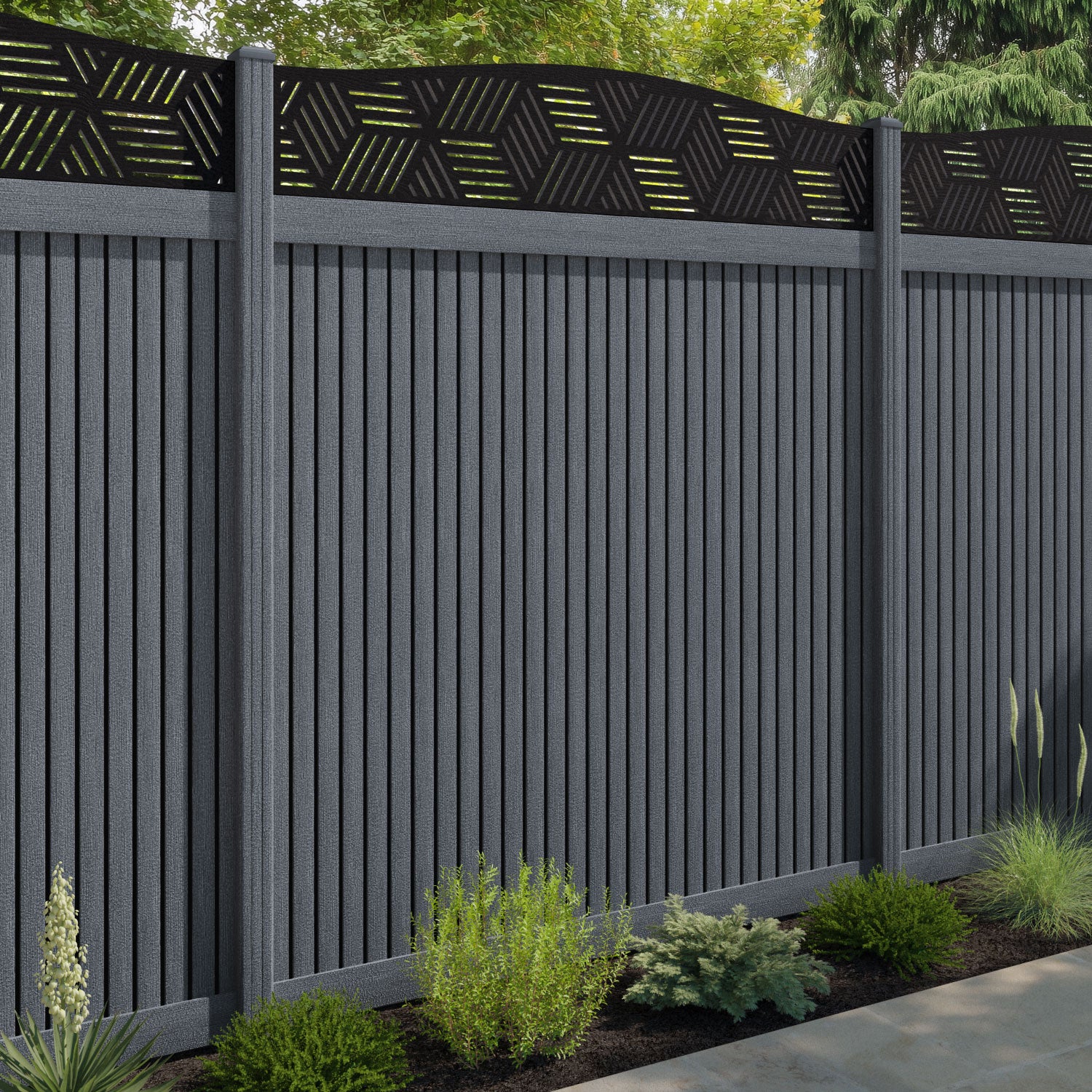 Virtis Cubed Curved Top Fence Panel - Anthracite - with our composite posts