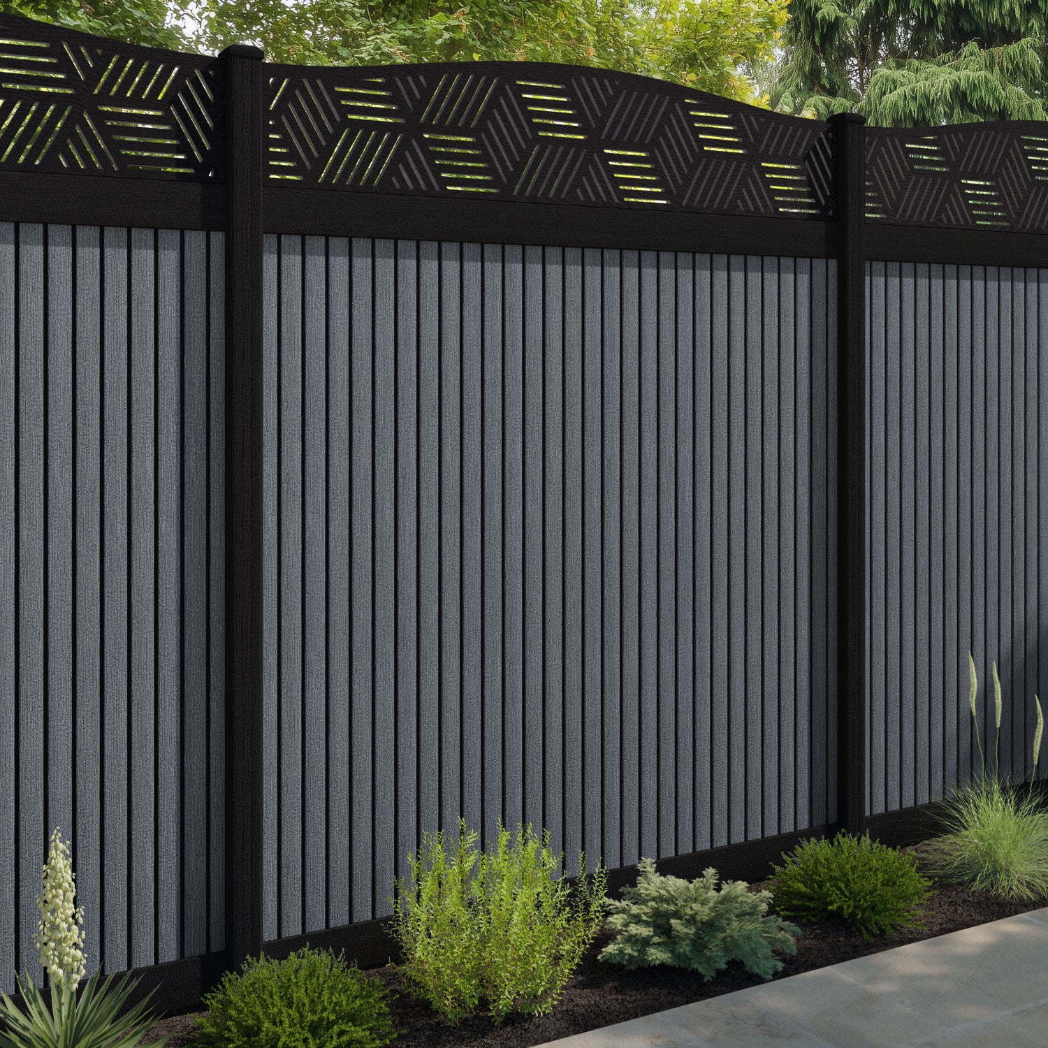 Virtis Cubed Curved Top Fence Panel - Anthracite - with our composite posts