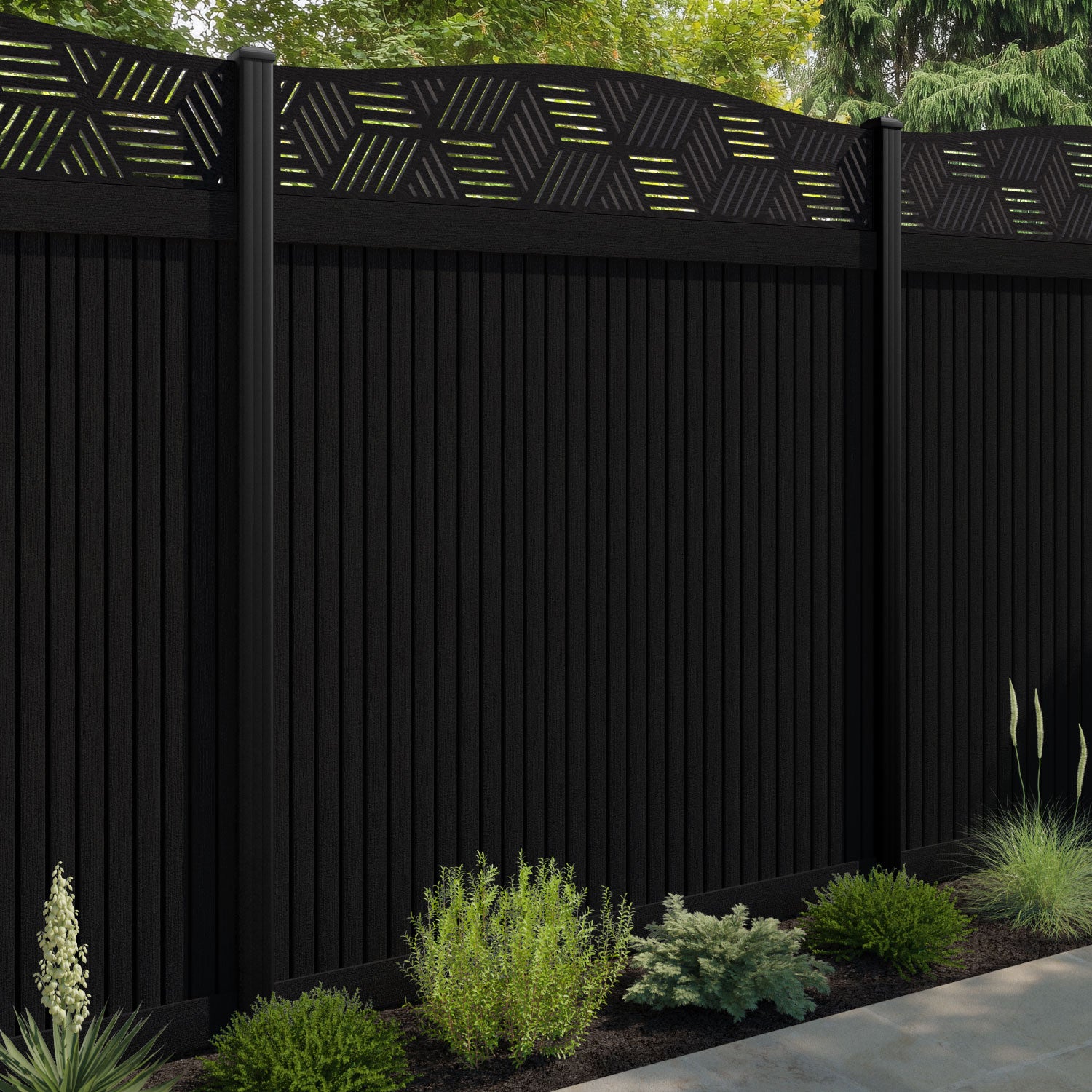Virtis Cubed Curved Top Fence Panel - Black - with our aluminium posts