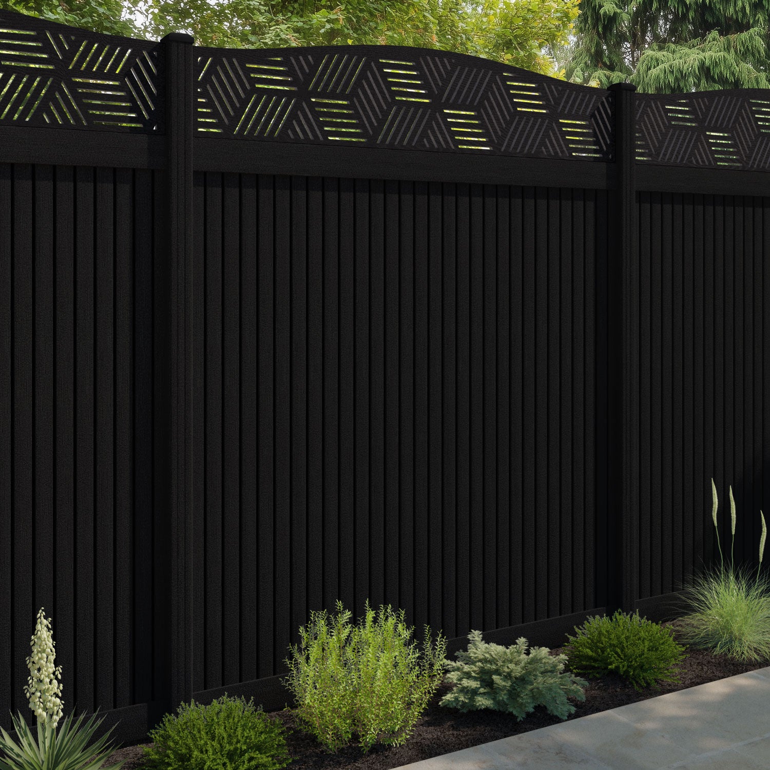 Virtis Cubed Curved Top Fence Panel - Black - with our composite posts