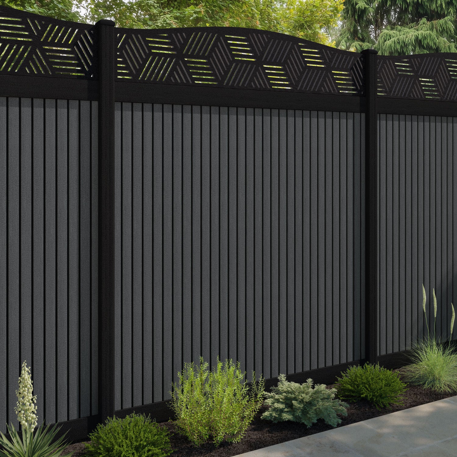 Virtis Cubed Curved Top Fence Panel - Dark Grey - with our composite posts