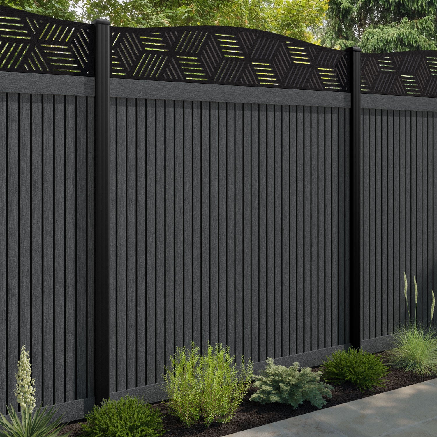 Virtis Cubed Curved Top Fence Panel - Dark Grey - with our composite posts