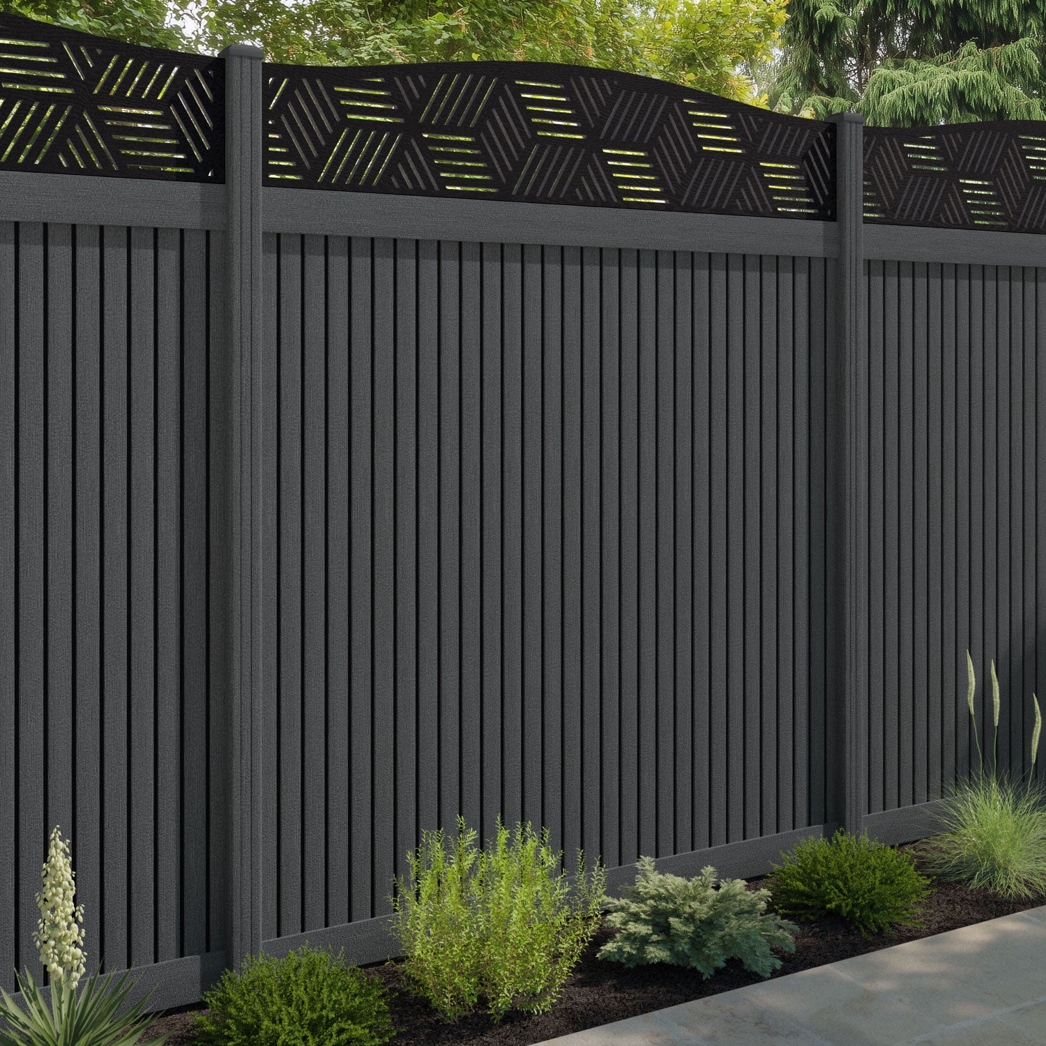 Virtis Cubed Curved Top Fence Panel - Dark Grey - with our composite posts