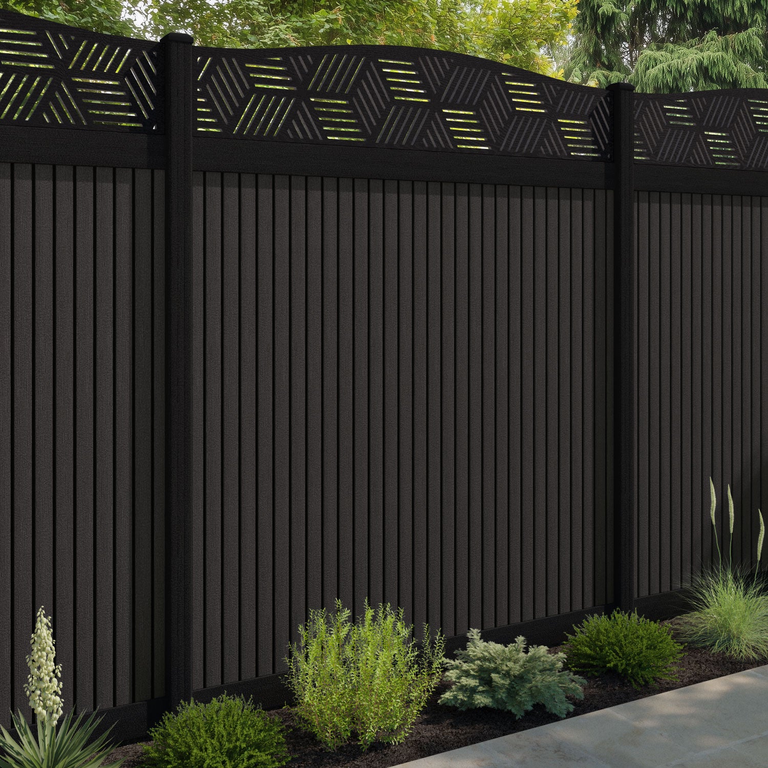 Virtis Cubed Curved Top Fence Panel - Dark Oak - with our aluminium posts