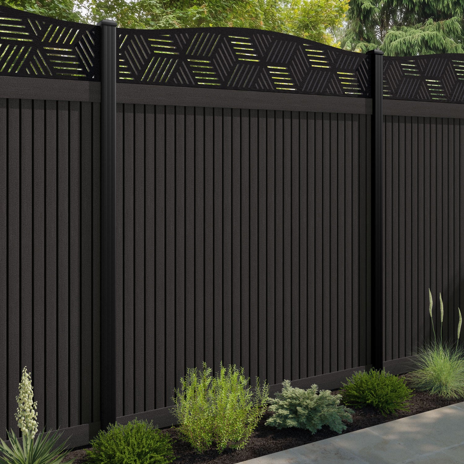 Virtis Cubed Curved Top Fence Panel - Dark Oak - with our composite posts