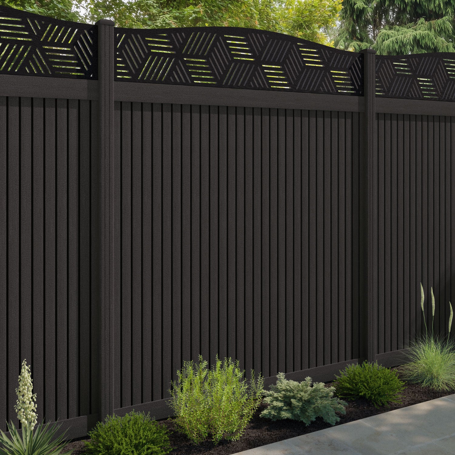 Virtis Cubed Curved Top Fence Panel - Dark Oak - with our composite posts