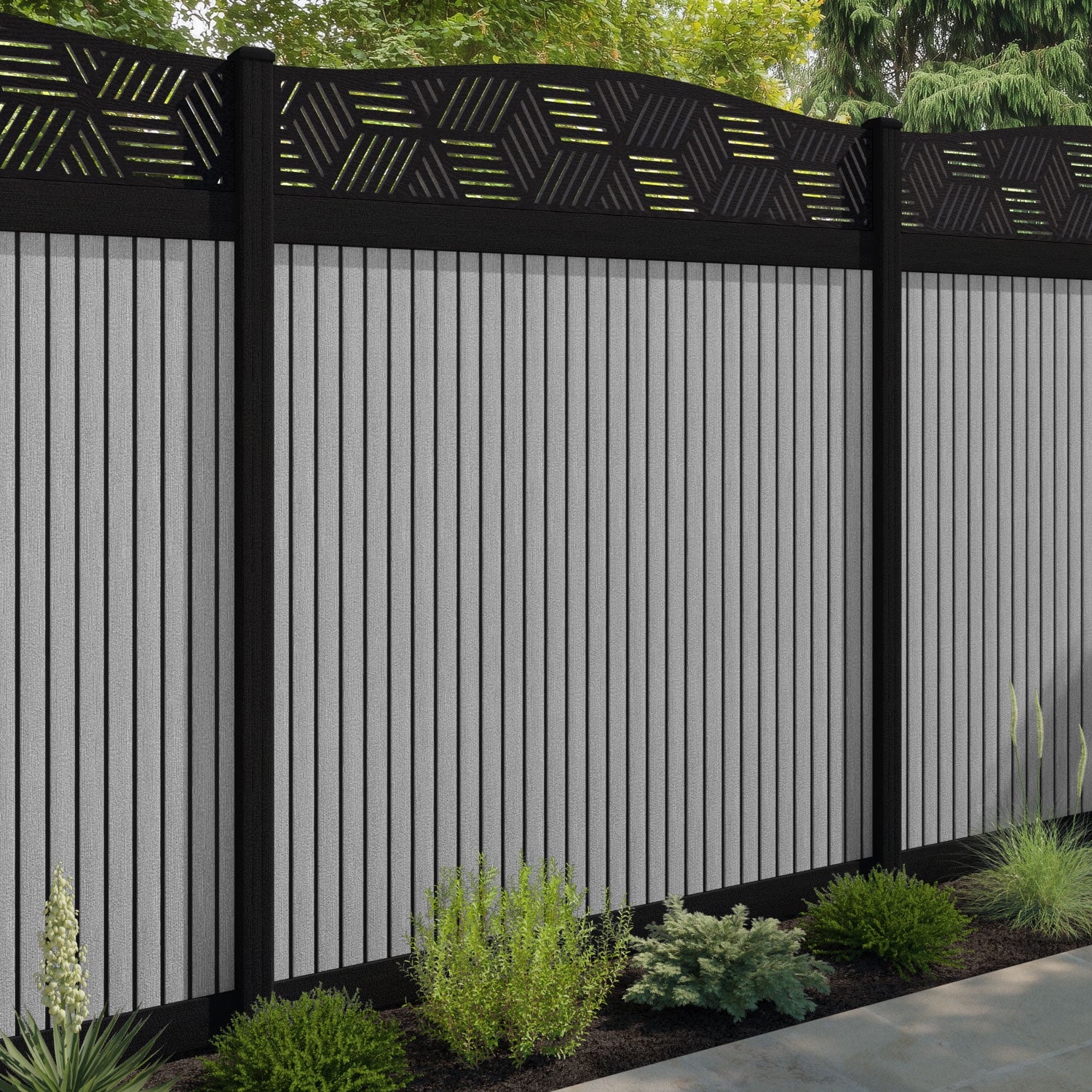 Virtis Cubed Curved Top Fence Panel - Light Grey - with our aluminium posts