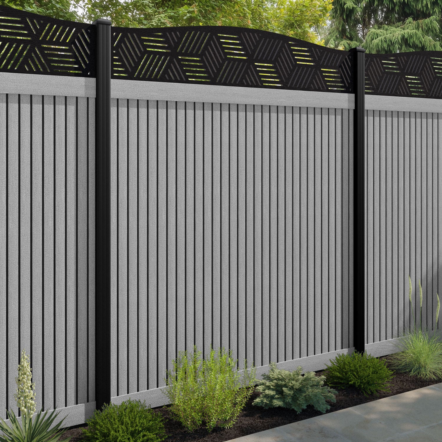 Virtis Cubed Curved Top Fence Panel - Light Grey - with our aluminium posts