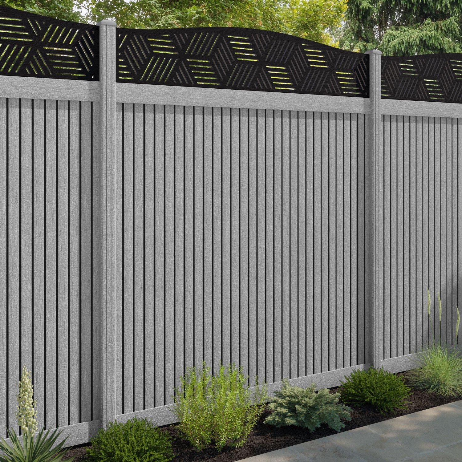 Virtis Cubed Curved Top Fence Panel - Light Grey - with our composite posts