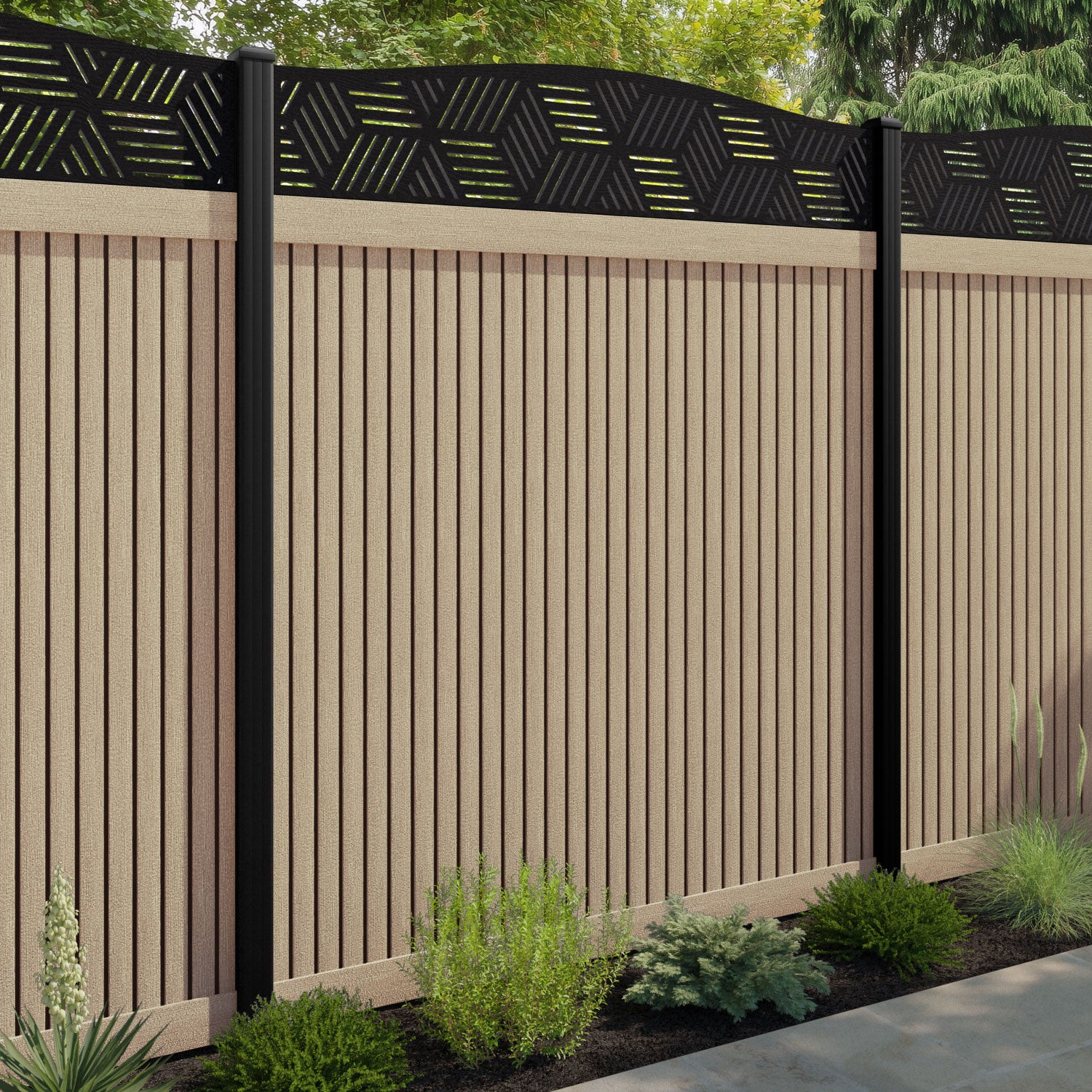 Virtis Cubed Curved Top Fence Panel - Light Oak - with our aluminium posts