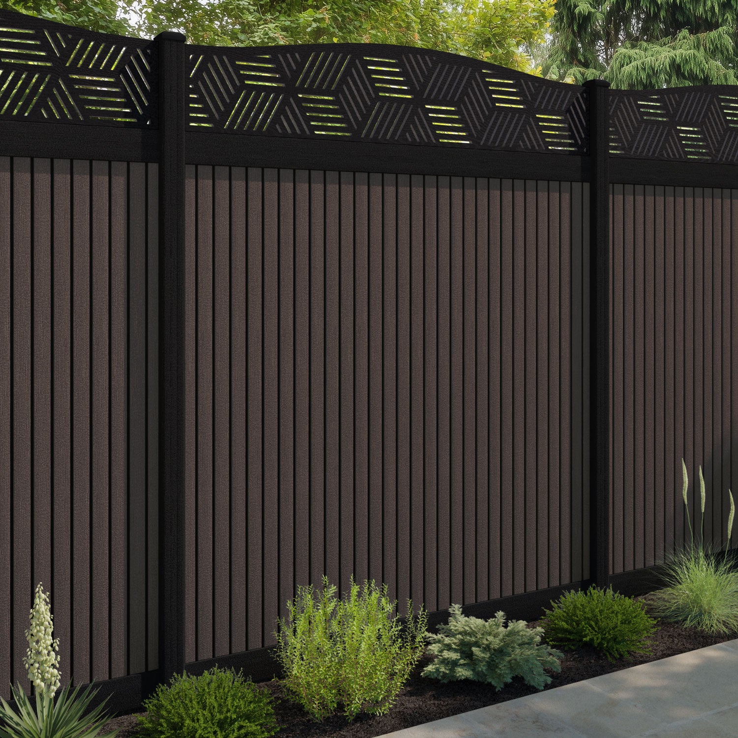 Virtis Cubed Curved Top Fence Panel - Mid Brown - with our composite posts