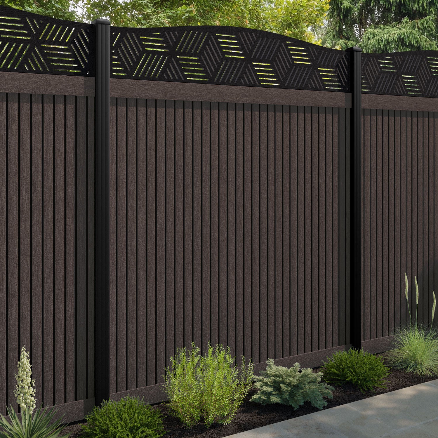 Virtis Cubed Curved Top Fence Panel - Mid Brown - with our composite posts