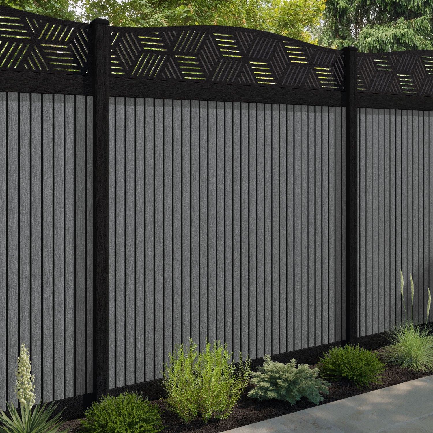 Virtis Cubed Curved Top Fence Panel - Mid Grey - with our aluminium posts