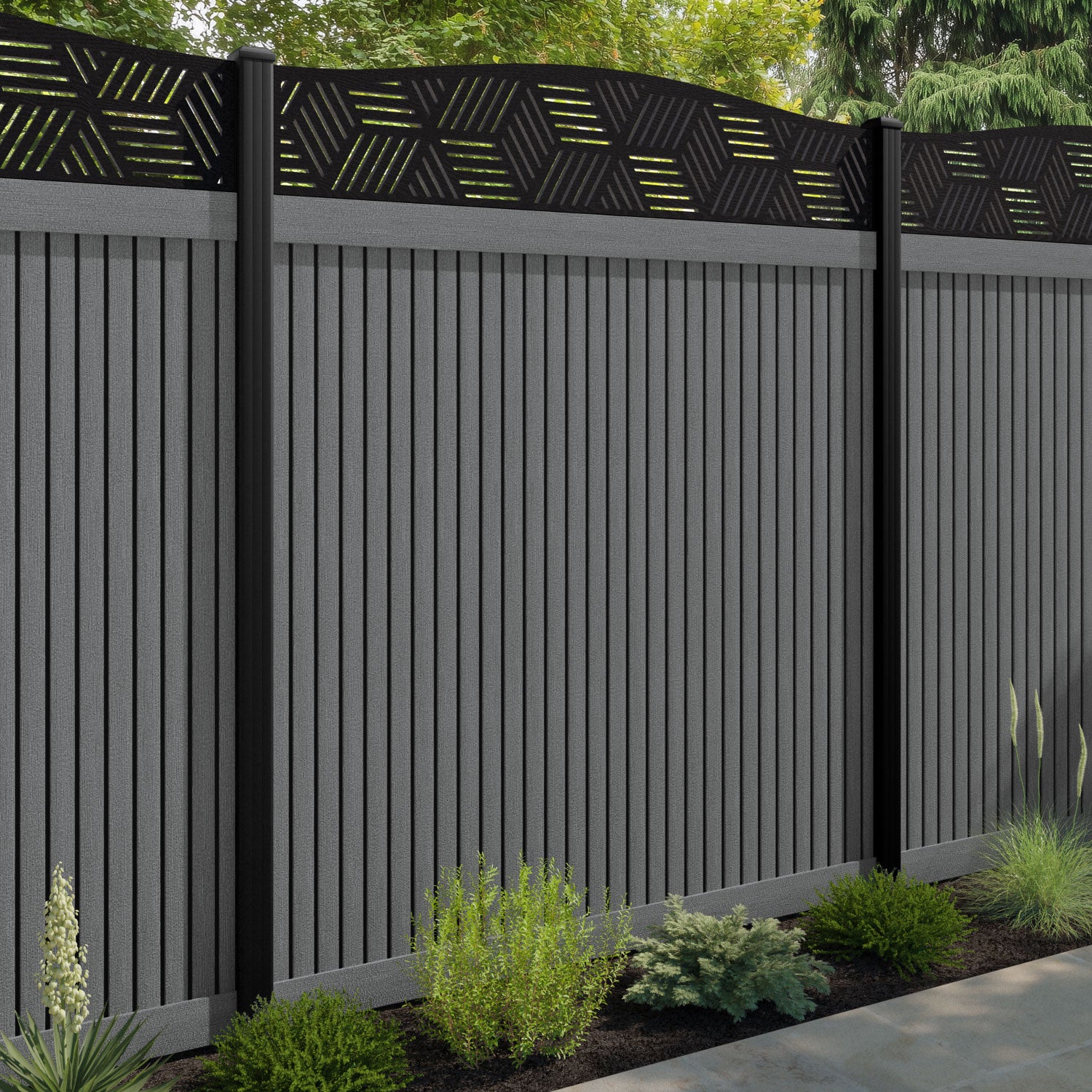 Virtis Cubed Curved Top Fence Panel - Mid Grey - with our aluminium posts
