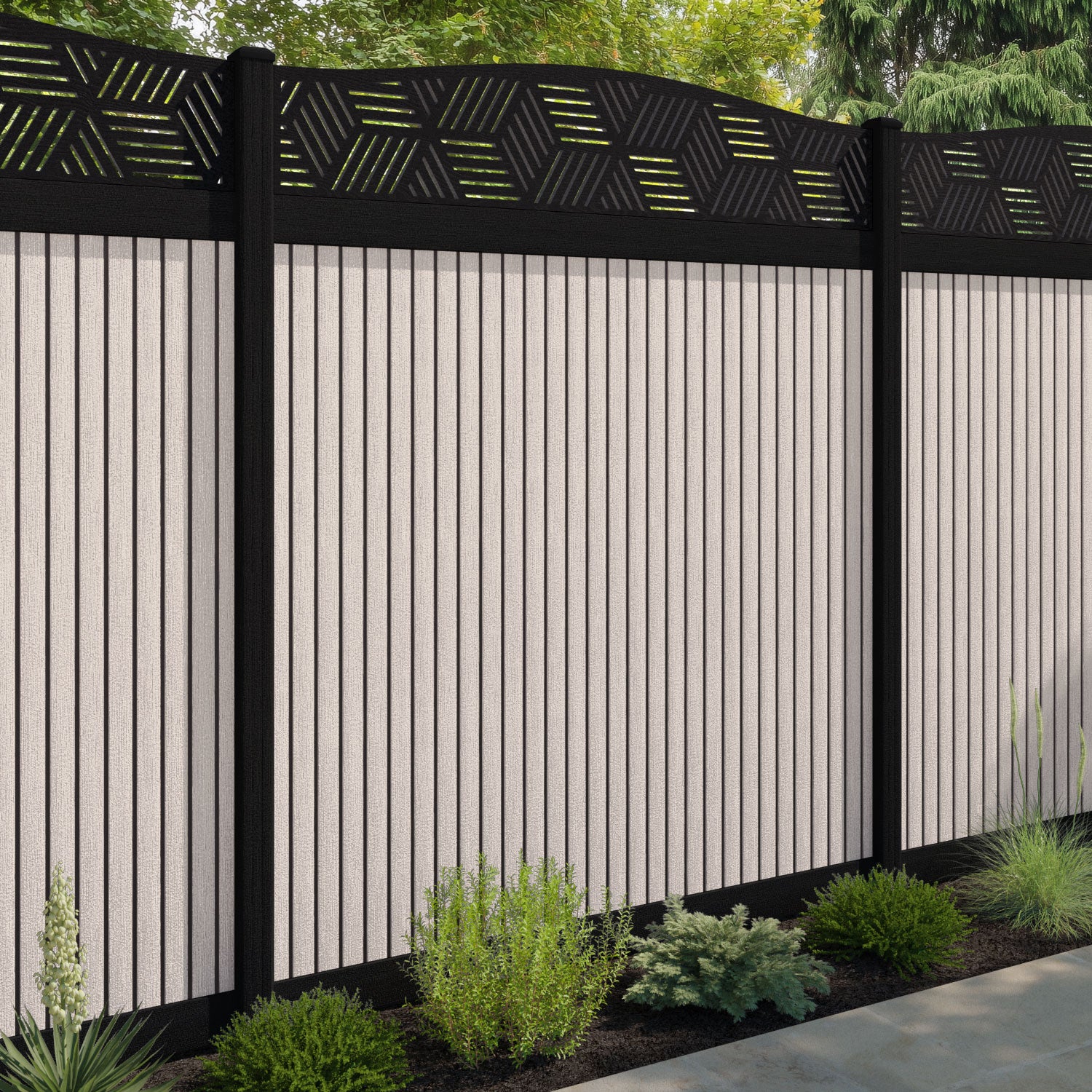 Virtis Cubed Curved Top Fence Panel - Mid Stone - with our aluminium posts