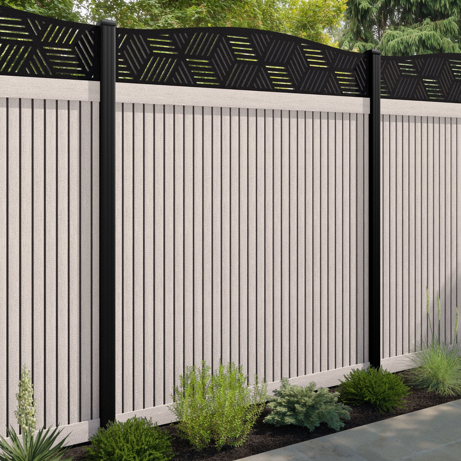 Virtis Cubed Curved Top Fence Panel - Mid Stone - with our aluminium posts