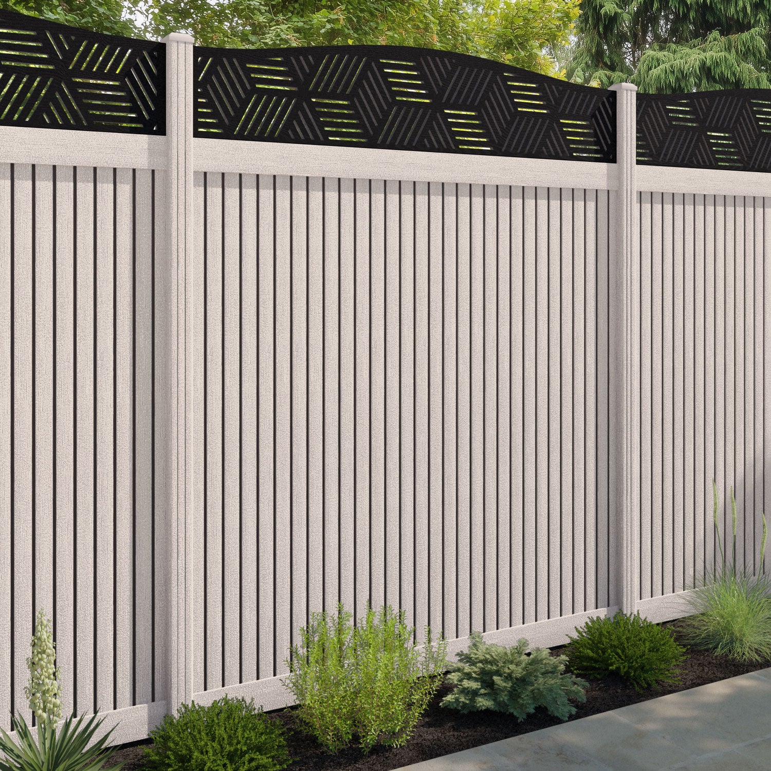 Virtis Cubed Curved Top Fence Panel - Mid Stone - with our composite posts