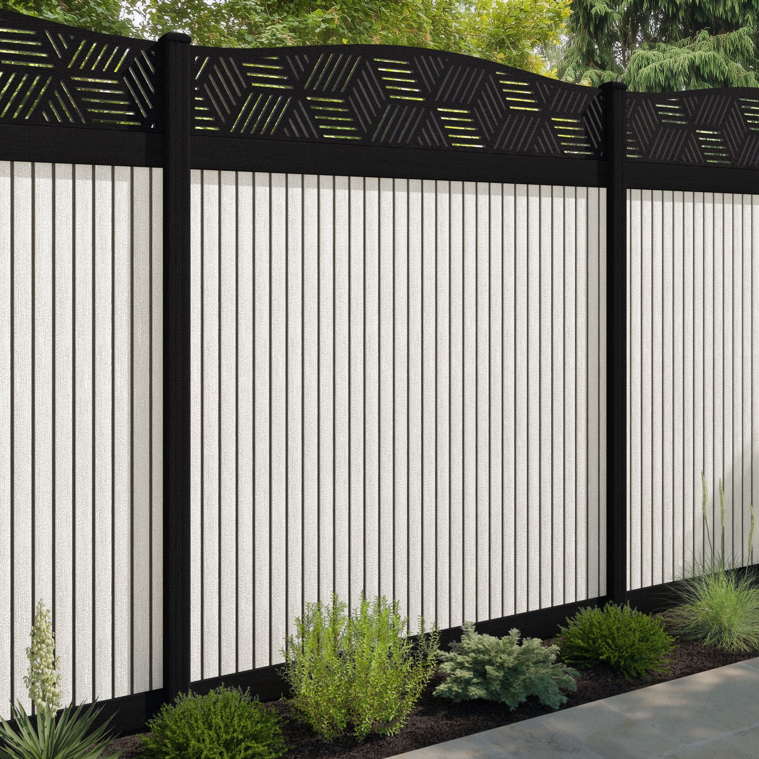 Virtis Cubed Curved Top Fence Panel - Light Stone - with our aluminium posts