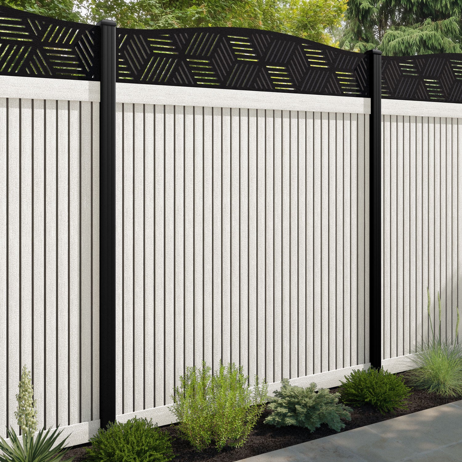 Virtis Cubed Curved Top Fence Panel - Light Stone - with our composite posts