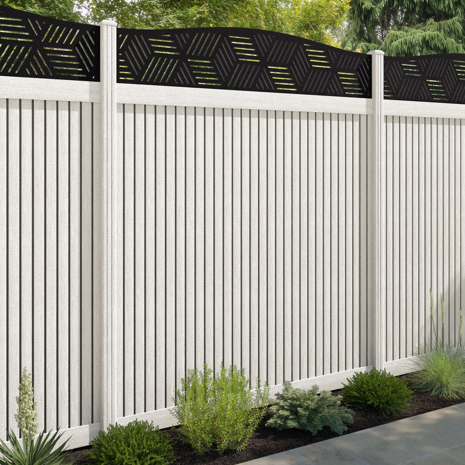 Virtis Cubed Curved Top Fence Panel - Light Stone - with our composite posts