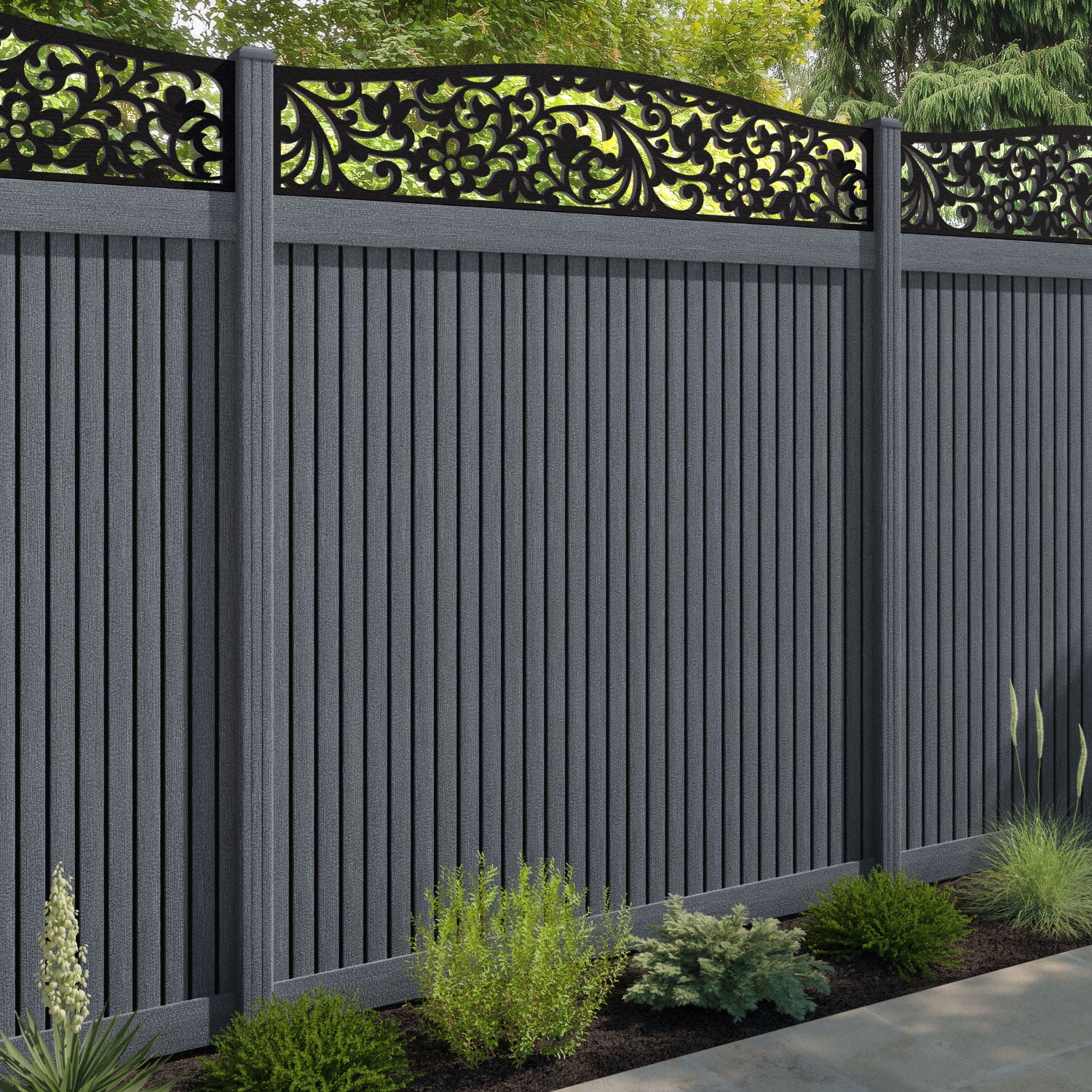 Virtis Eden Curved Top Fence Panel - Anthracite - with our composite posts