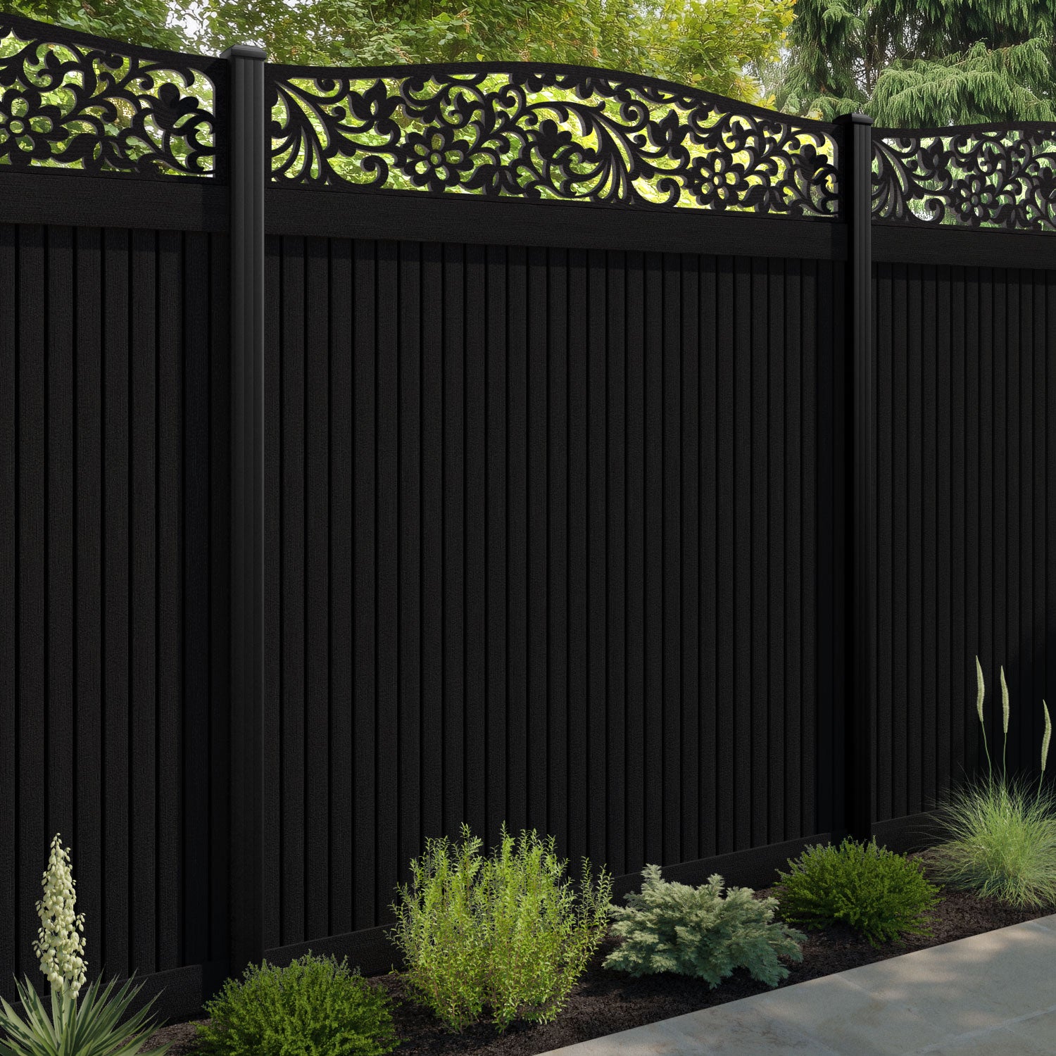 Virtis Eden Curved Top Fence Panel - Black - with our aluminium posts