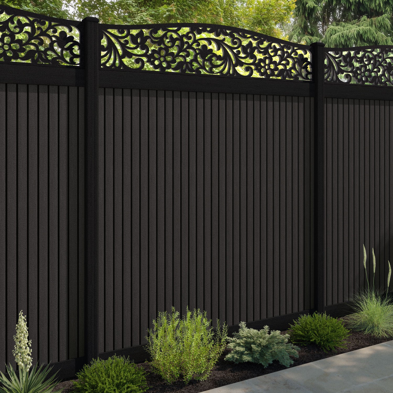 Virtis Eden Curved Top Fence Panel - Dark Oak - with our composite posts