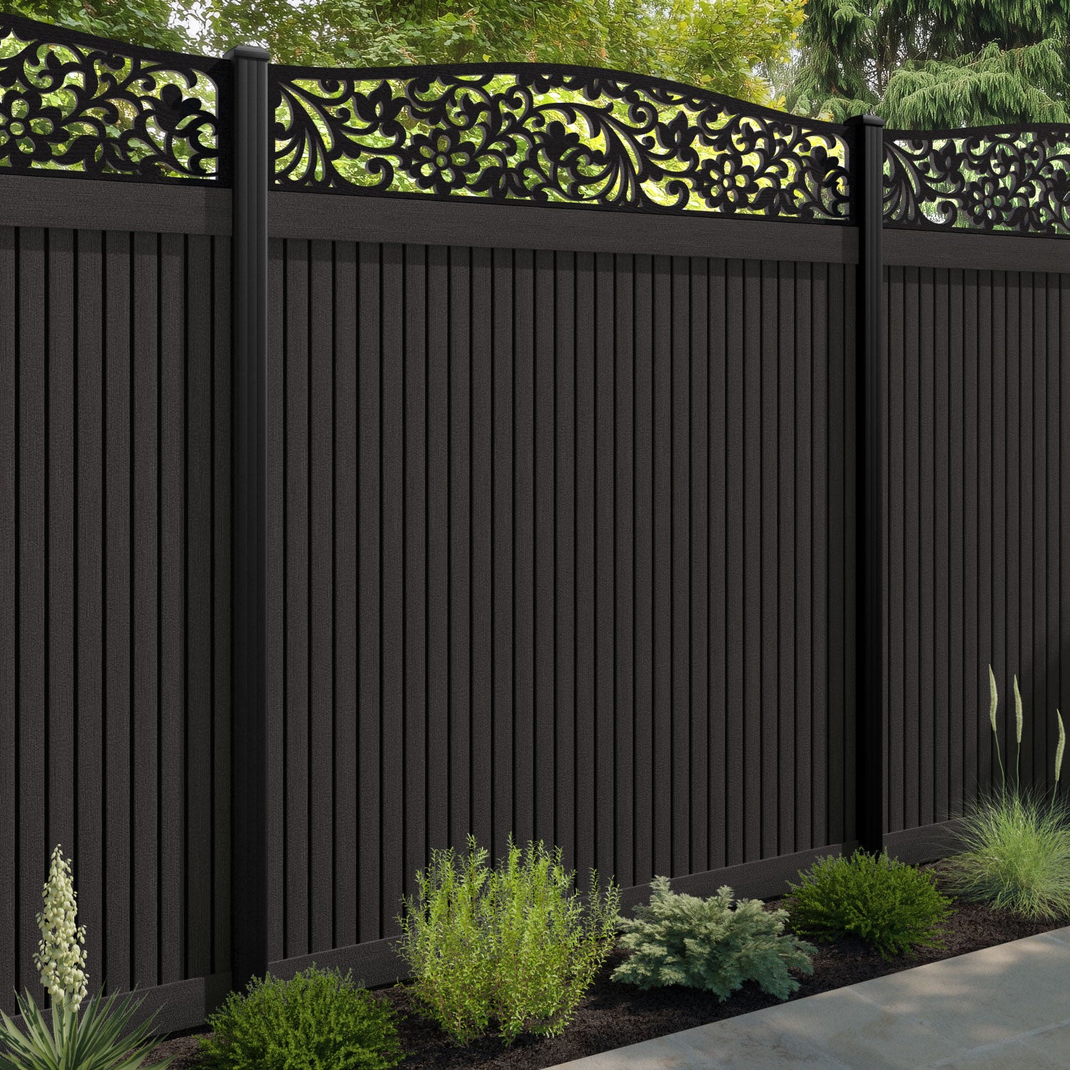 Virtis Eden Curved Top Fence Panel - Dark Oak - with our composite posts