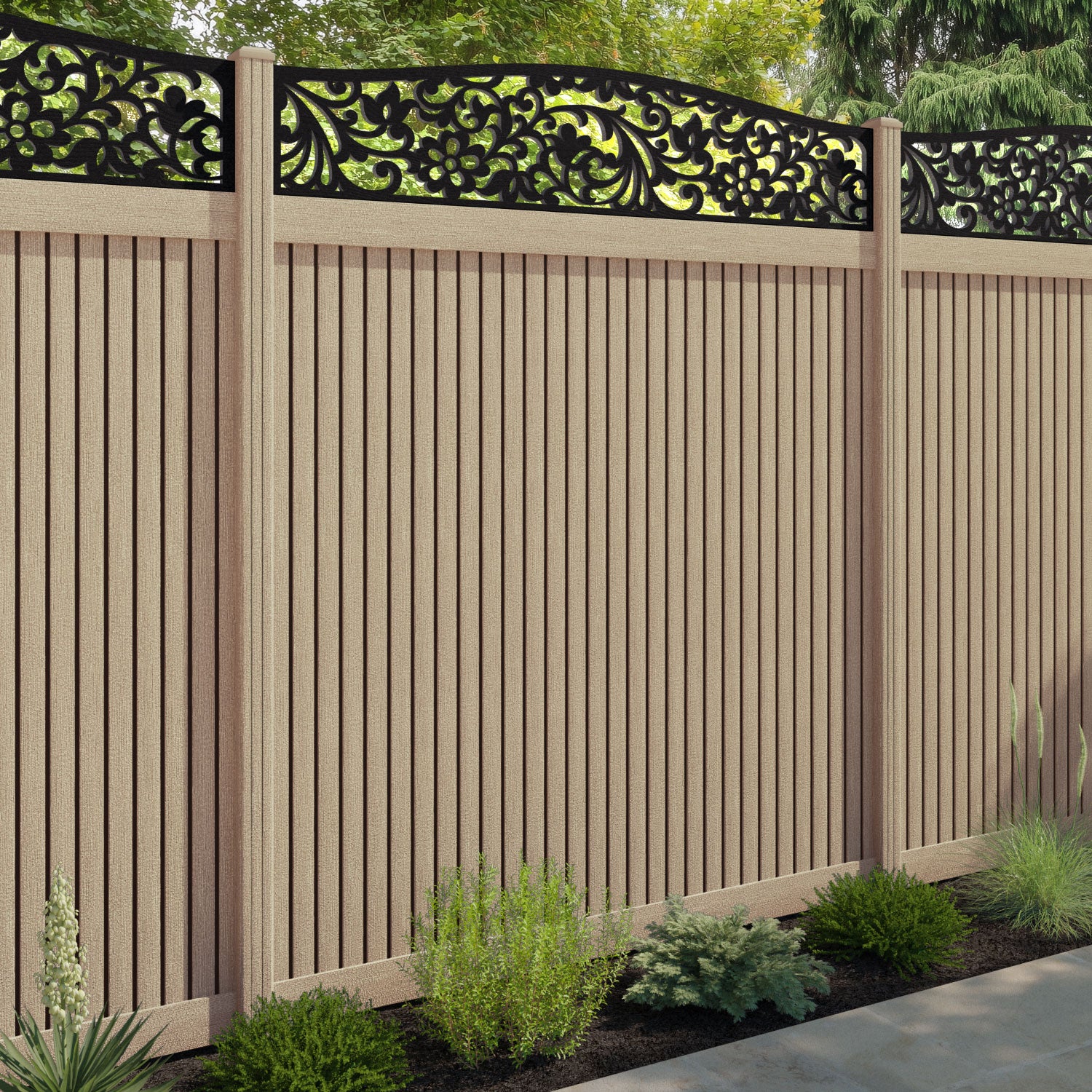 Virtis Eden Curved Top Fence Panel - Light Oak - with our composite posts