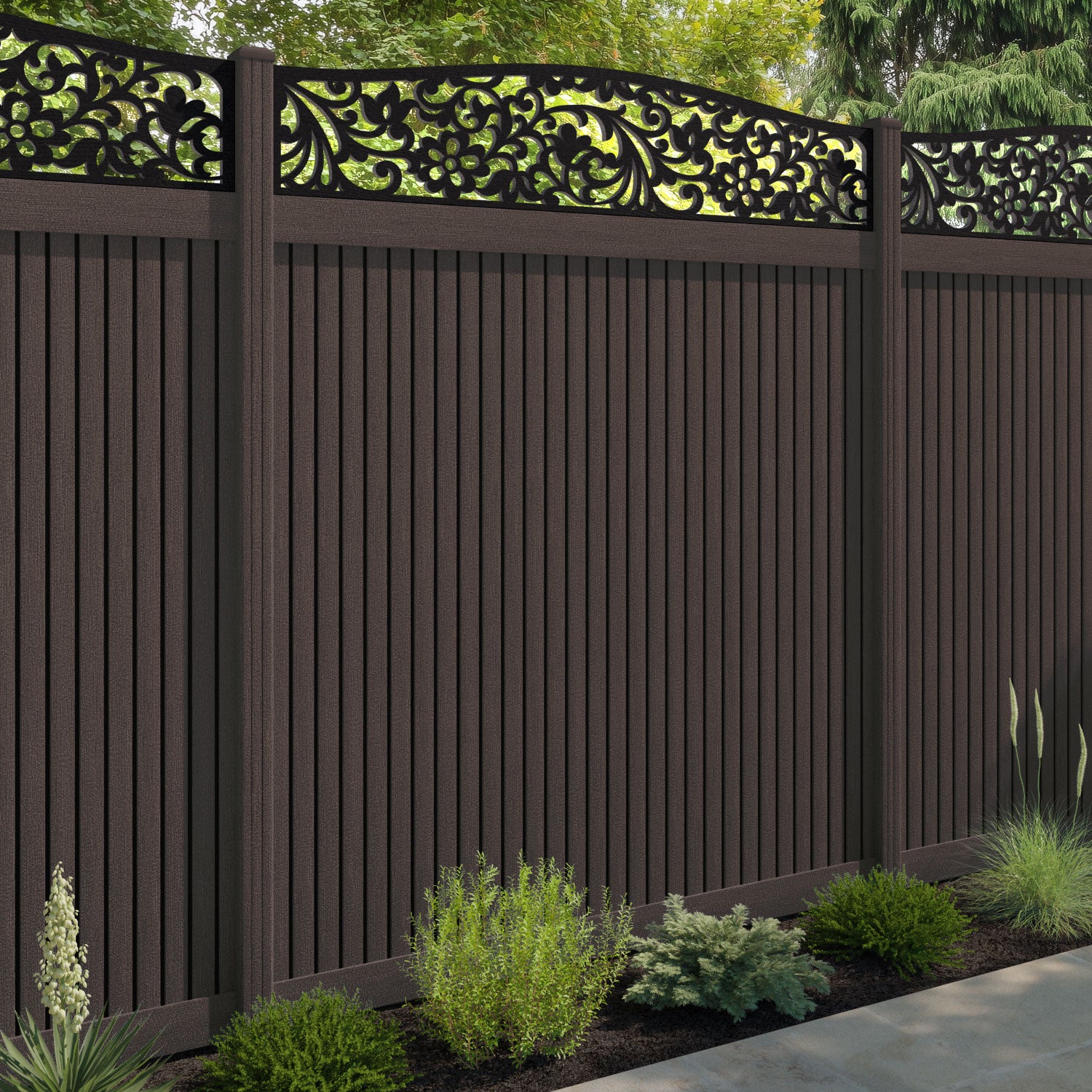 Virtis Eden Curved Top Fence Panel - Mid Brown - with our composite posts