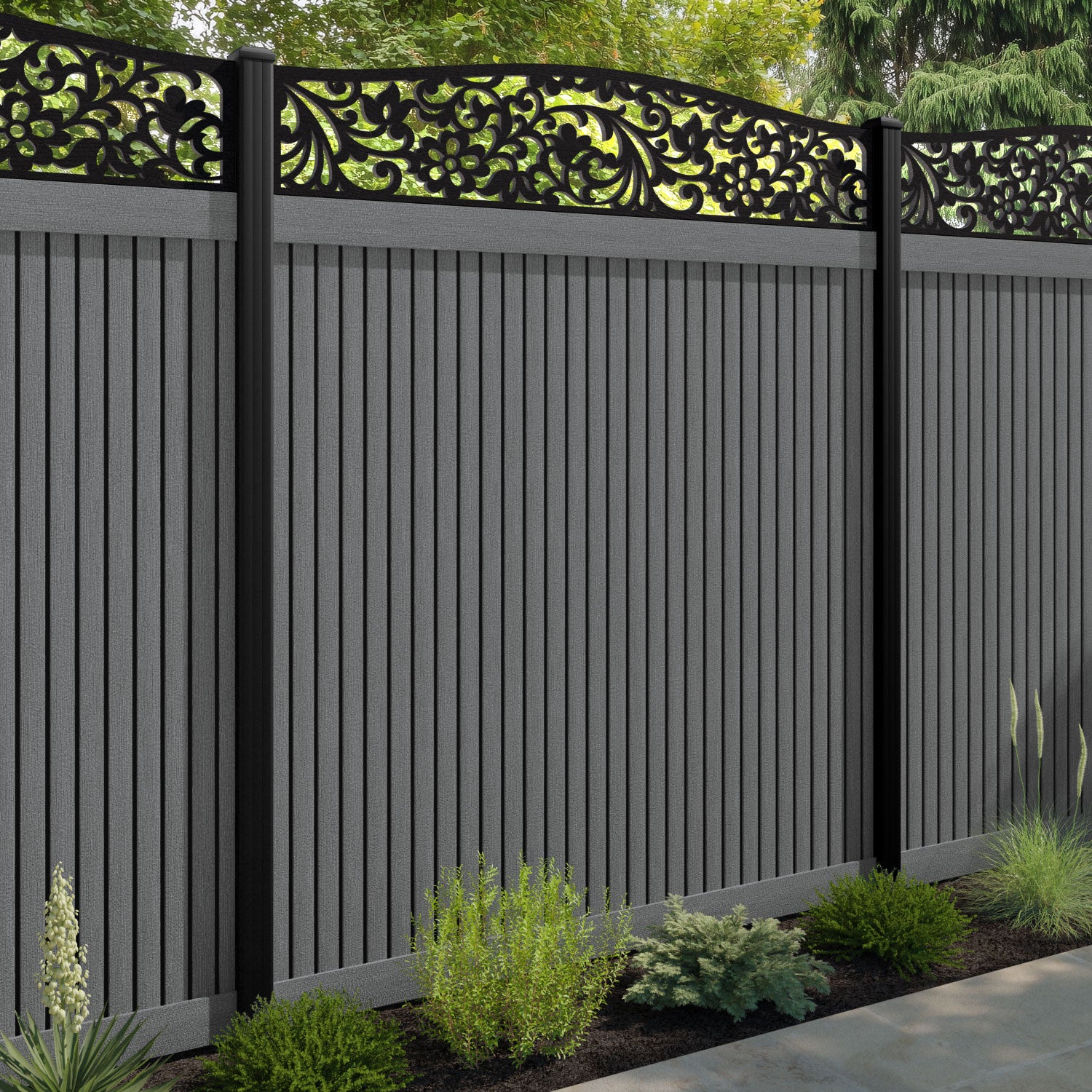 Virtis Eden Curved Top Fence Panel - Mid Grey - with our aluminium posts
