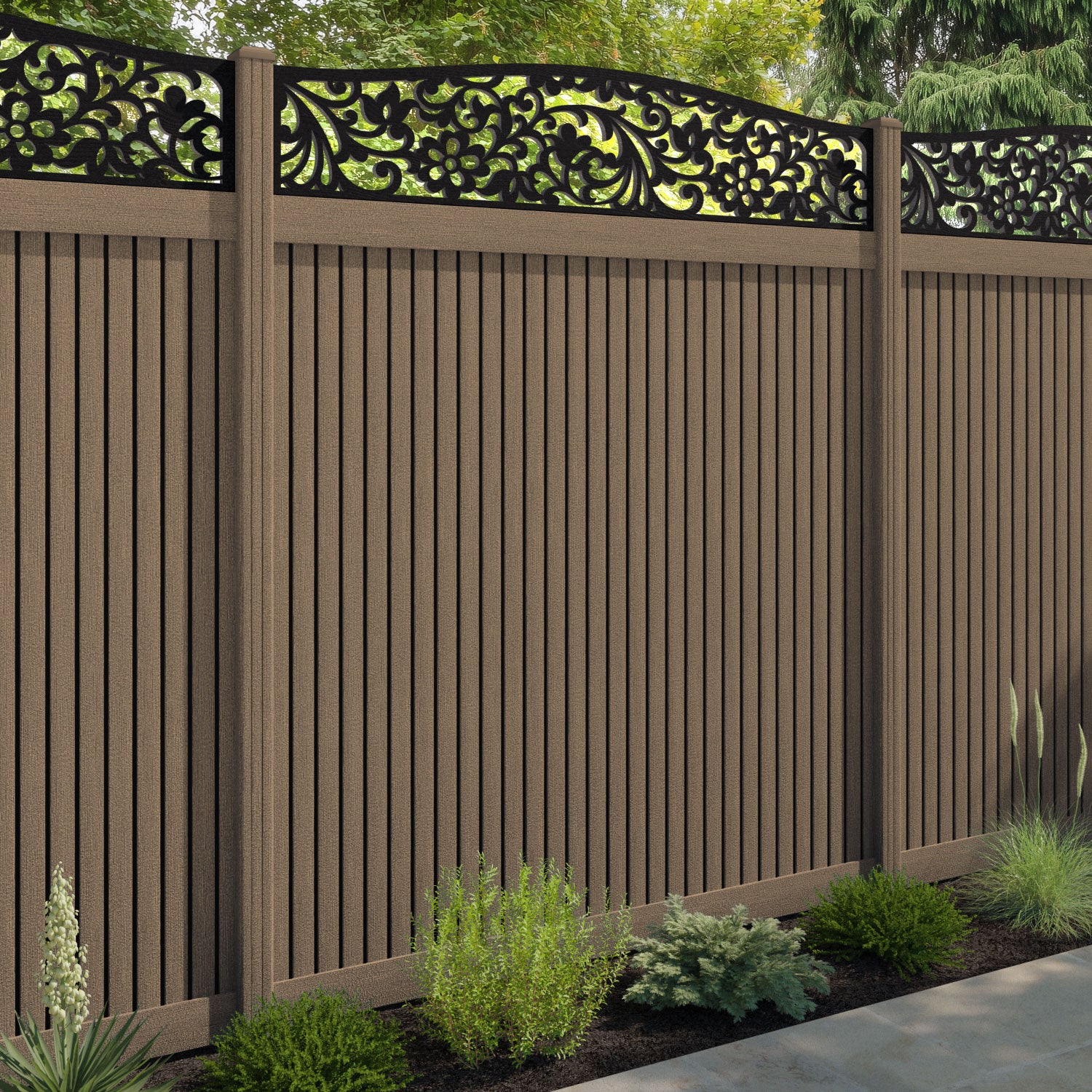 Virtis Eden Curved Top Fence Panel - Teak - with our composite posts