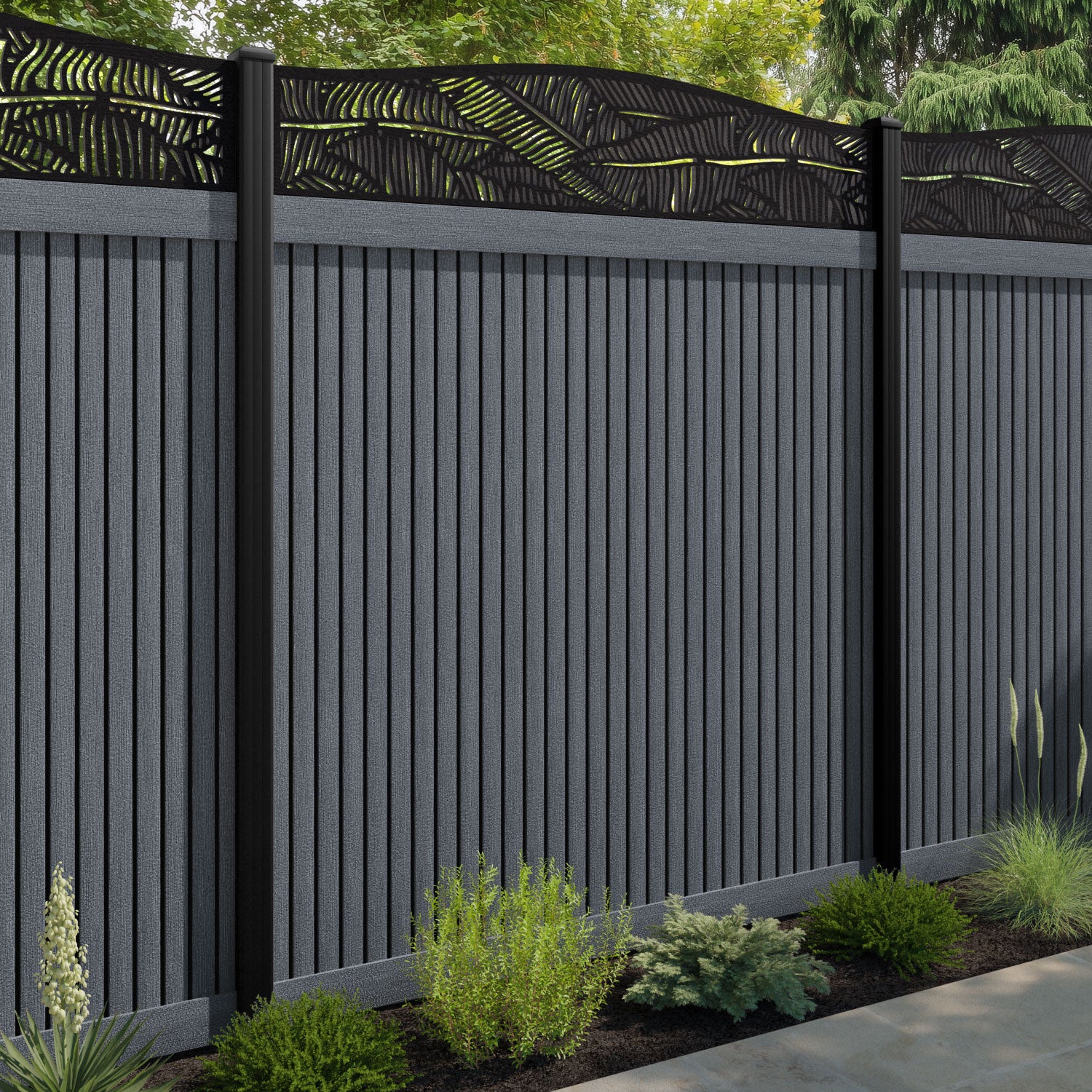 Virtis Feather Curved Top Fence Panel - Anthracite - with our aluminium posts
