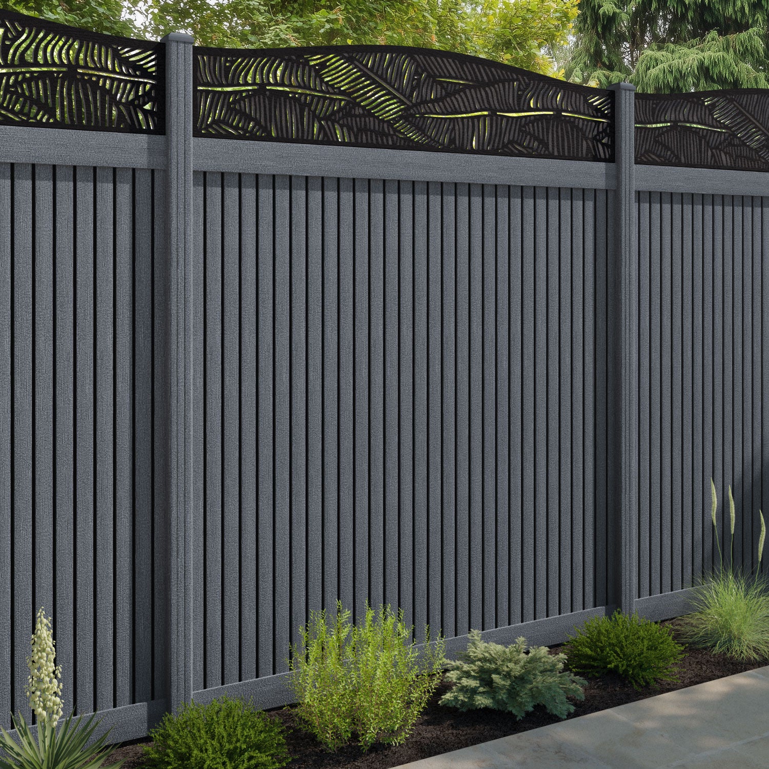Virtis Feather Curved Top Fence Panel - Anthracite - with our composite posts